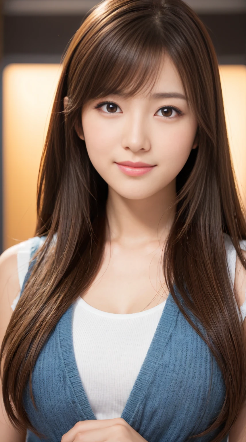 Japanese female announcer, medium-long brown hair, very beautiful face, clear eyes, studio background, highest quality, reality