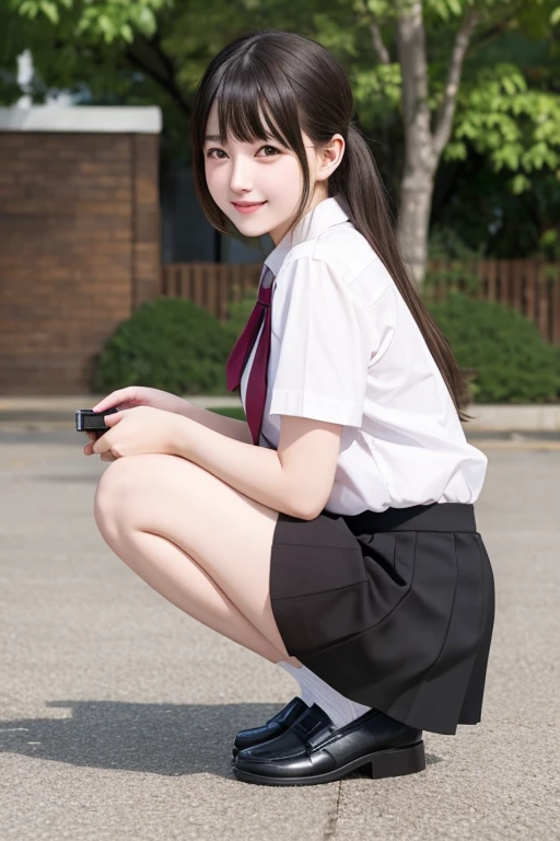 (Practical, photo Practical:1.2), ((best quality)), In the room, squat在卧室床边, White, (exhibit:1.4),tight skirt, (Filming:1.3), Front view photo, (squat:1.4), Heel-to-heel, Open your legs slightly, 膝盖向上squat下, Put your ass on the ground, Black penny loafers, Beautiful facial details, Real human skin, Gentle expression, Front view, angle from below, Practical, photoPractical, Lovely, Short skirt, squat deep on school grounds, Lovely school girl, Female students, Short skirt 全身,Smile, A well-behaved and obedient daughter,Obedient personality、Obey everything,sit down,sit down,Likeable,付出型性格和Likeable的个性,Absolute obedience,Absolute obedience、Likeable,Willing to give everything,Waiting for command,Full body view