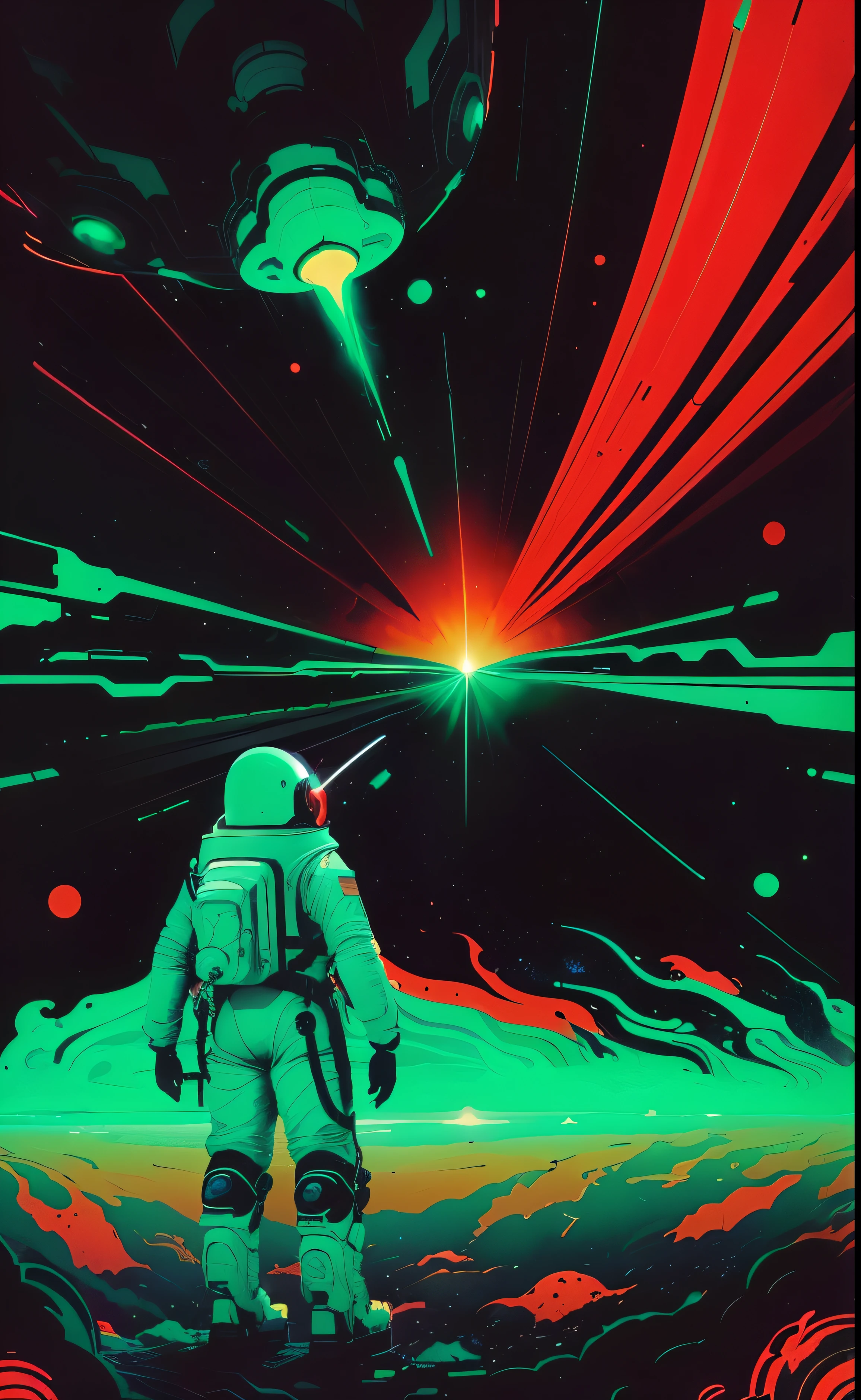 A poster of an astronaut in space with a green and red background, Cosmic Psychedelic Drug Poster Art, author:Justin Gerard, Psychedelic cosmic horror, kilian eng bright colors, kilian eng bright colors, Psychedelic illustration, author:Kilian Eng, Psychedelic Art, Just a joke, author:Dan Mumford, author:Victor Mosquera, retro sci-fi art, scifi illustration