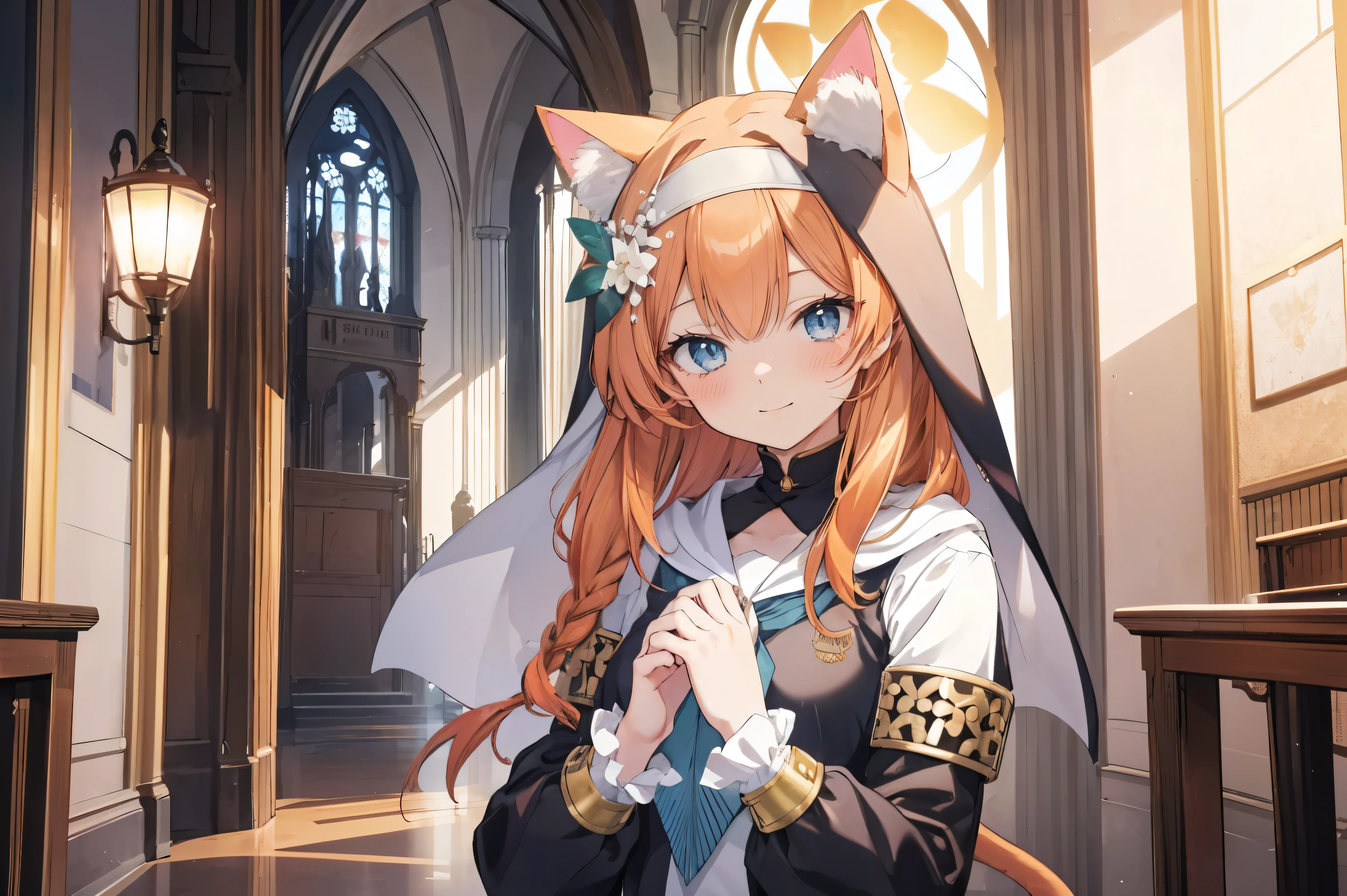 Marie、masterpiece、Best image quality、最high quality、Good looking girl (smile、blush, Perfect Face), independent , Looking into the camera, masterpiece, Anime art style, Cute Characters, Dynamic pose、Most detailed, high quality、Shiny Hair、Very fine and beautiful bright eyes、Very detailed, clear and beautiful face, Awards, Anatomically correct、Cat ear、Orange Hair、It must be detailed enough to be easily identifiable.、ta、Small breasts、uniform、Hooded、church