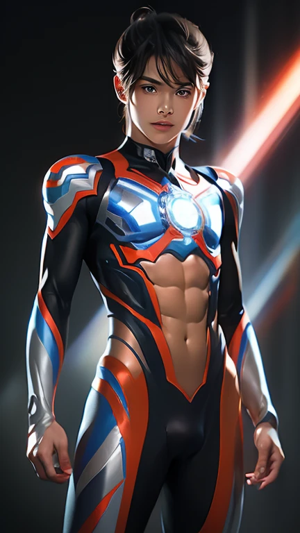 Ultraman, realistic, realistic, movie lights, young man in shiny red and silver suit, 15 years old, professional photo, skin exposed, Japanese model, Japanese CGI, sexy Ultraman suit, Power Rangers set, tight thin cyber suit, with elastic all over, delicate body, small butt, muscle, abs, lewd mark, groin tattoo, thin waist, exposed belly cyber suit on both sides skin tight, slanted eyes, sharp gaze, ponytail hair, facing forward, standing facing forward, glowing sphere embedded in chest, essay exam, blue sky background, Young beautiful boy, young handsome boy, Ultraman Boy personification, Ultraman-colored latex, Ultraman-colored rubber bodysuit, Ultraman color suit, Ultraman body suit, muscles, abs, mask off Ultraman Boy, Ultraman Boy without mask, Ultraman Boy suit, Ultraman Boy cosplay, Ultraman Boy costume, 15 year old boy's body, Ultraman Boy with face exposed, Ultraman without mask Boy, Ultraman without mask, medium-length hair, ponytail hair, color timer on chest, energy drain on chest, Ultraman Boy, boy's face, young boy with long hair, Ultraman Boy cosplayer, exposed face, 13 to 15 years old Boy, young boy's face, high definition, highest quality, best masterpiece, highest clarity, highest resolution, 8K, 16K, 32K, CG art, highest detail, Full body shot, full body view, Belly-baring Ultraman-colored bodysuit, belly-baring Ultraman-colored bodysuit, revealing bodysuit, lewd mark, crotch tattoo, abdominal muscle openwork bodysuit, abdominal muscle visible bodysuit,