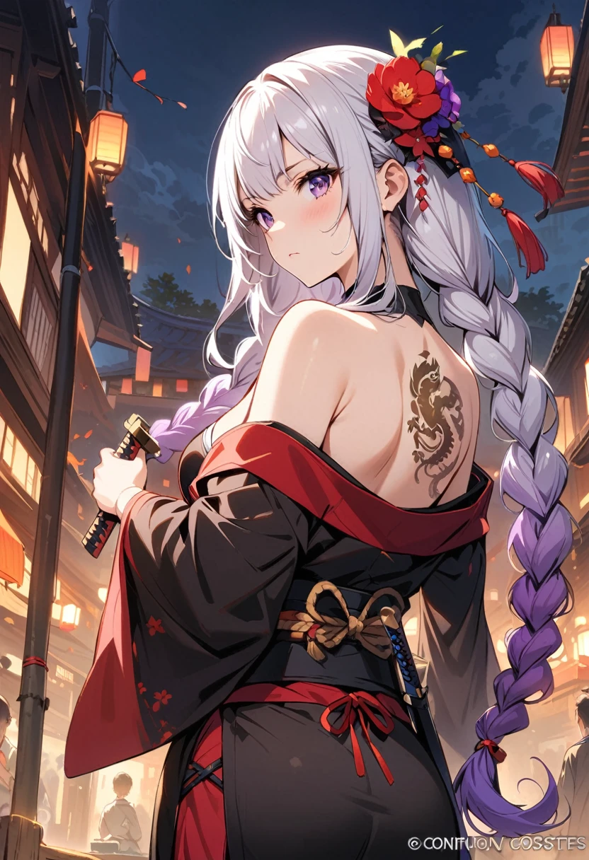 masterpiece, Top quality, best quality, Official Art, beautiful and aesthetic:1.2),1 Girl, yinji, purple hair, purple eyes, long hair, white hair, double braids, gradient hair, Tattoo, Solitary, Japanese clothes, Red and black kimono, Hair accessories, unsheathing, sheath, back Tattoo, dragon Tattoo, Off-shoulder, Bare shoulders, look back, From the back, flower, looking at the audience, Keep, cosmetic, outdoor,