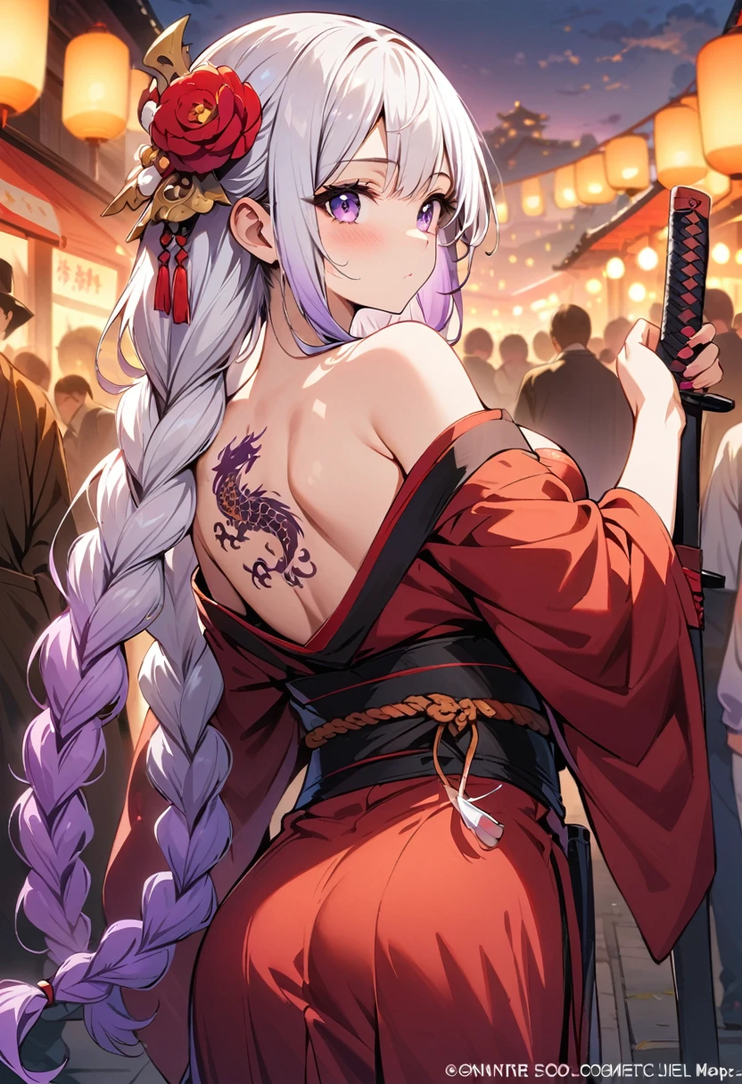 masterpiece, Top quality, best quality, Official Art, beautiful and aesthetic:1.2),1 Girl, yinji, purple hair, purple eyes, long hair, white hair, double braids, gradient hair, Tattoo, Solitary, Japanese clothes, Red and black kimono, Hair accessories, unsheathing, sheath, back Tattoo, dragon Tattoo, Off-shoulder, Bare shoulders, look back, From the back, flower, looking at the audience, Keep, cosmetic, outdoor,