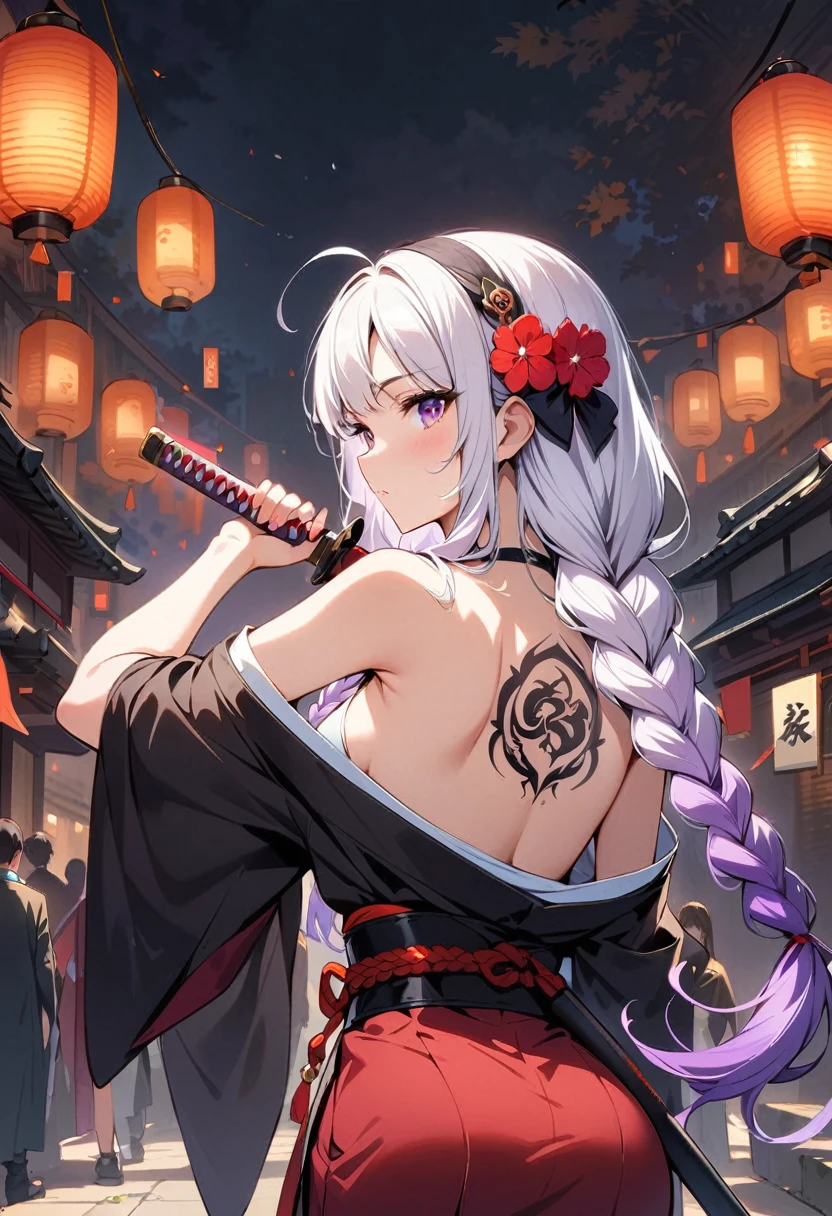 masterpiece, Top quality, best quality, Official Art, beautiful and aesthetic:1.2),1 Girl, yinji, purple hair, purple eyes, long hair, white hair, double braids, gradient hair, Tattoo, Solitary, Japanese clothes, Red and black kimono, Hair accessories, unsheathing, sheath, back Tattoo, dragon Tattoo, Off-shoulder, Bare shoulders, look back, From the back, flower, looking at the audience, Keep, cosmetic, outdoor,