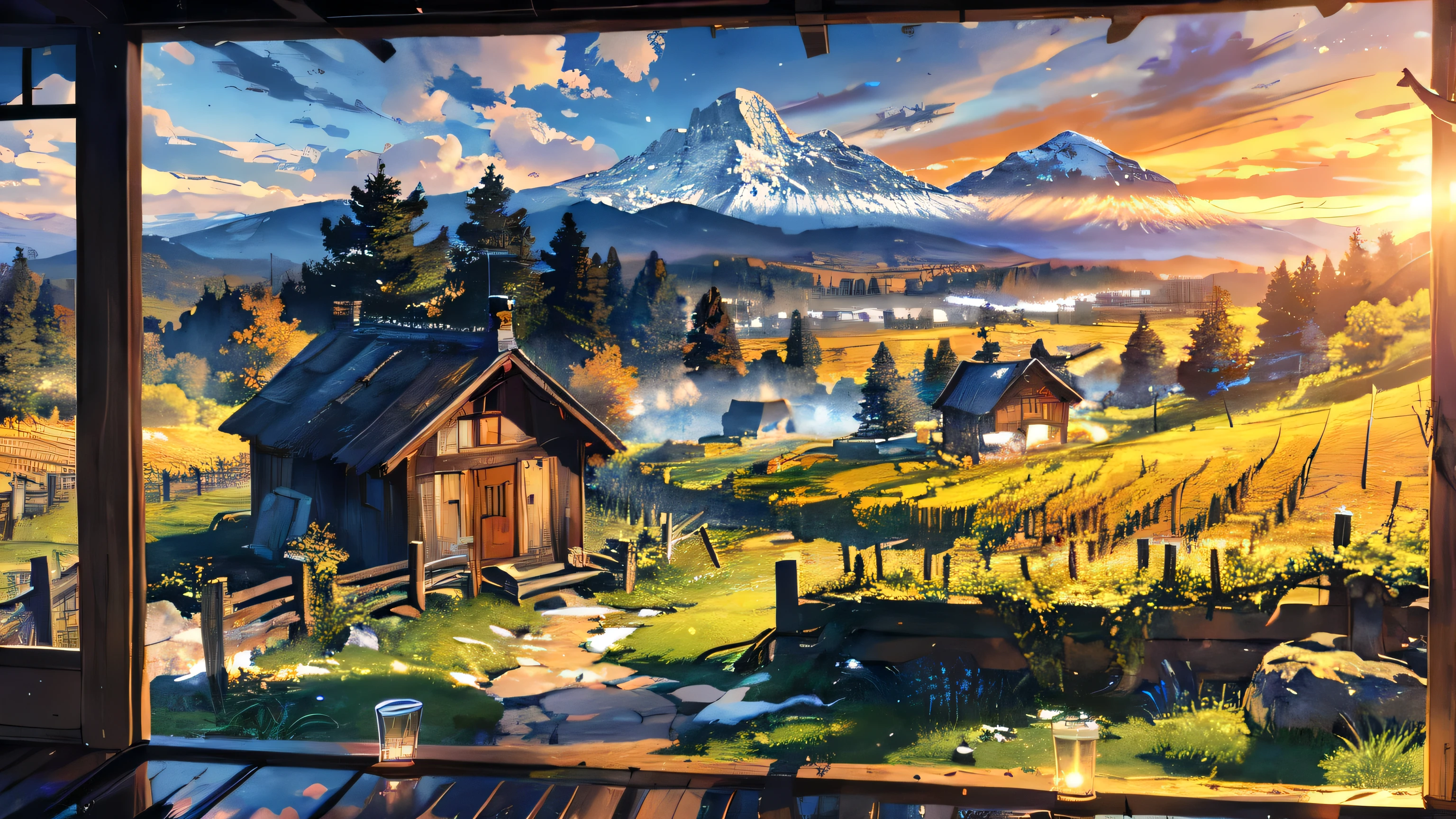 A beautiful landscape painting with a hut nestled in a vineyard at sunrise. The stone path leads through the vineyard, surrounded by lush grapevines. In the distance, snowy mountains rise majestically against the horizon. The landscape is dotted with tall trees, creating a serene and peaceful atmosphere. A calm and glistening valley stretches out beyond the vineyard, adding depth to the composition. The hut, made of weathered wood and surrounded by flourishing grapevines, exudes a sense of tranquility and rustic charm. The surrounding clouds reflect the soft hues of the morning sun, casting a warm and ethereal glow over the scene. The snowy mountains, trees, and valley are all meticulously detailed, the essence of nature in this winter landscape. created with the best quality materials, ensuring vibrant colors and incredible attention to detail. capturing the beauty and serenity of the vineyard in the middle ages. The harmony between the hut, vineyard, snowy mountains, and valley evokes a sense of peace and harmony