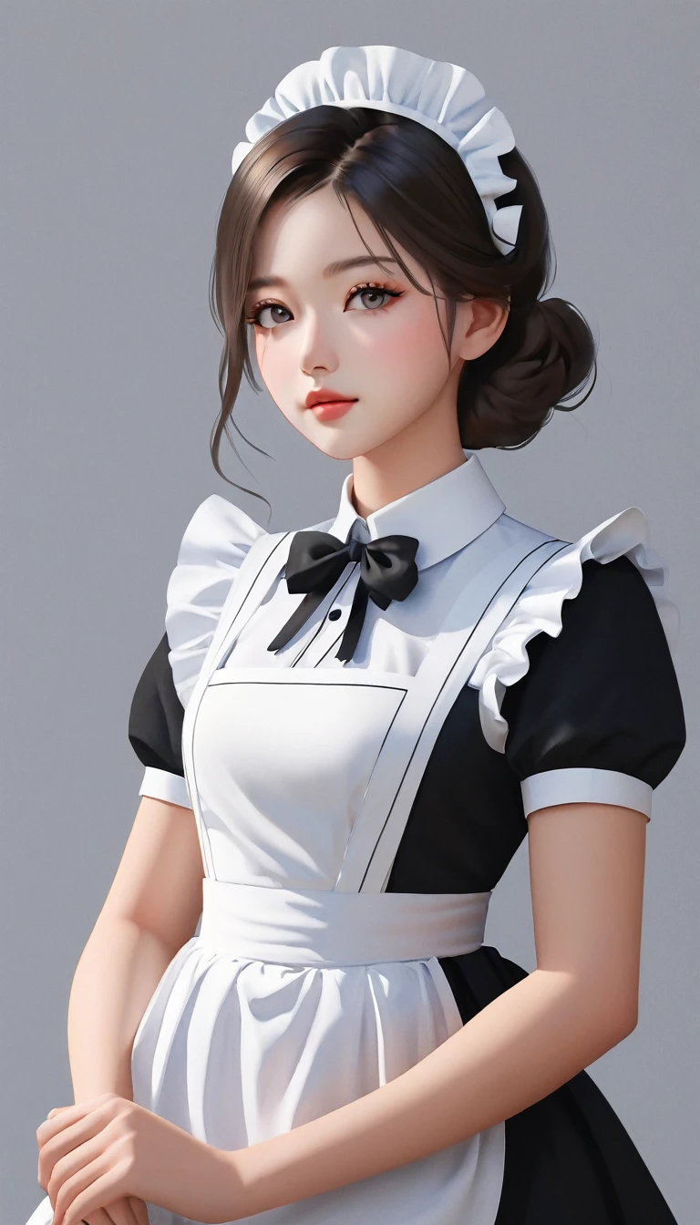 a minimalist maid, 1girl, simple maid outfit, minimalistic design, white and black color palette, clean lines, minimalist background, elegant pose, serene expression, detailed facial features, beautiful detailed eyes, beautiful detailed lips, extremely detailed face, long eyelashes, (best quality,4k,8k,highres,masterpiece:1.2),ultra-detailed,(realistic,photorealistic,photo-realistic:1.37),digital painting, cinematic lighting, soft shadows, natural colors