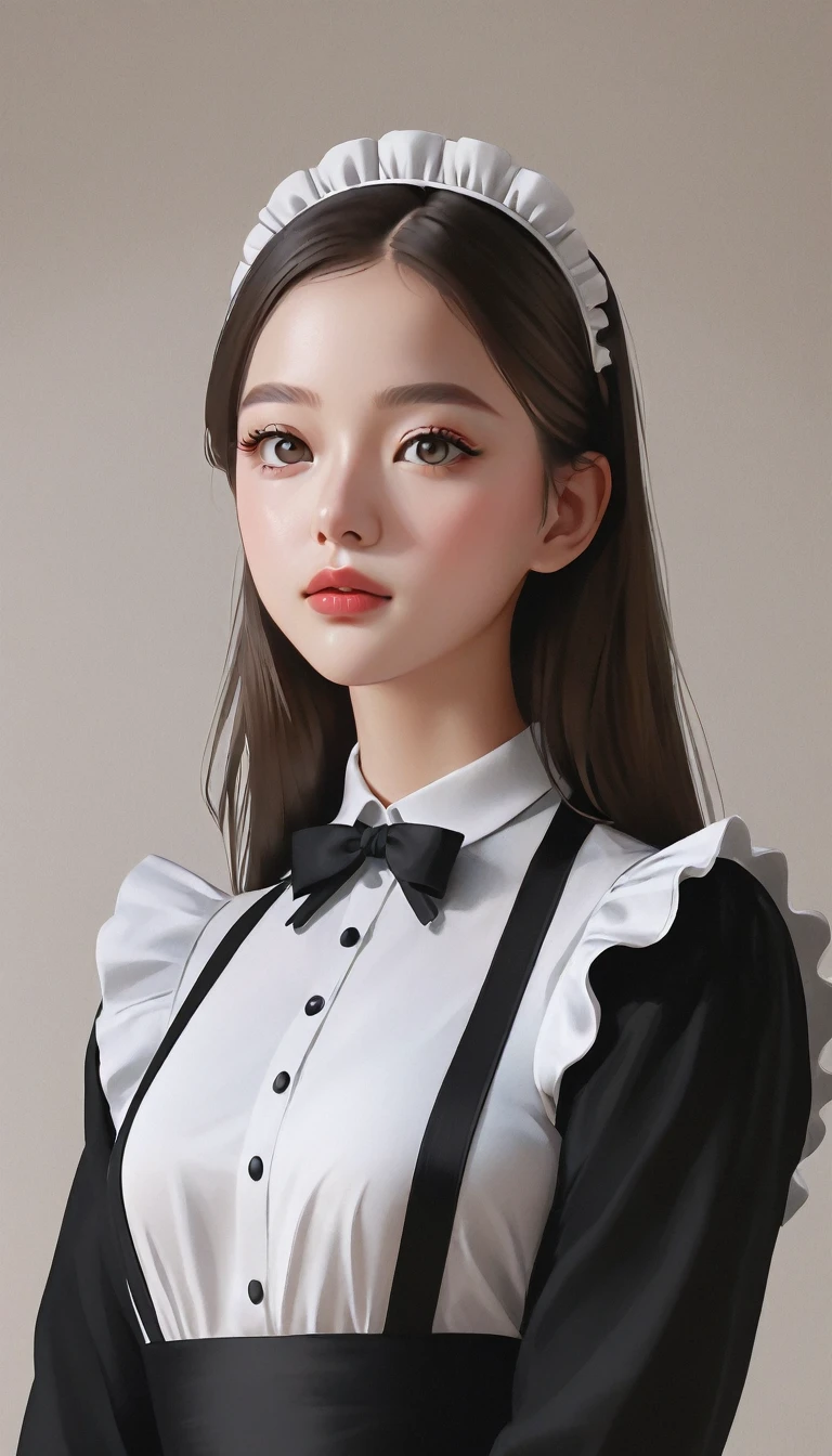 a minimalist maid, 1girl, simple maid outfit, minimalistic design, white and black color palette, clean lines, minimalist background, elegant pose, serene expression, detailed facial features, beautiful detailed eyes, beautiful detailed lips, extremely detailed face, long eyelashes, (best quality,4k,8k,highres,masterpiece:1.2),ultra-detailed,(realistic,photorealistic,photo-realistic:1.37),digital painting, cinematic lighting, soft shadows, natural colors