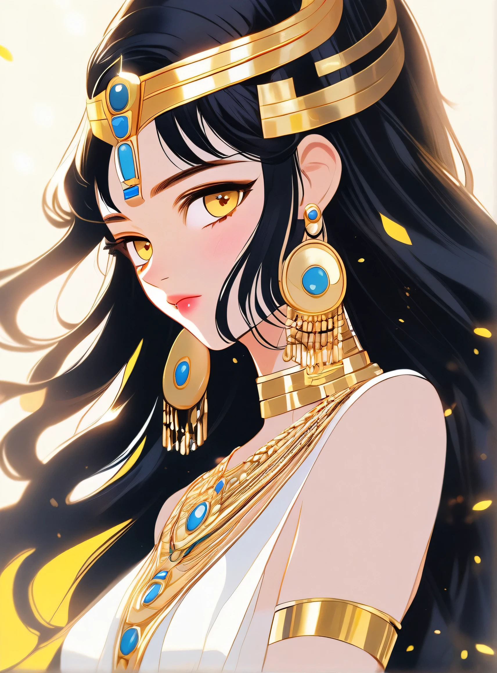 An illustration, she、My funky decorations, Anime Style, High resolution, 2k, Very detailed、Long Straight Hair、Black Hair、yellow、Cleopatra in the Reiwa、Cleopatra、Sleeveless white dress、Golden Necklace、The Enchantresocking look