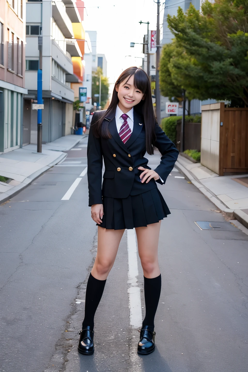 An empty town、Japanese high school girls in miniskirt uniforms、Long black hair、Cute Face、Full body portrait、Smiling
