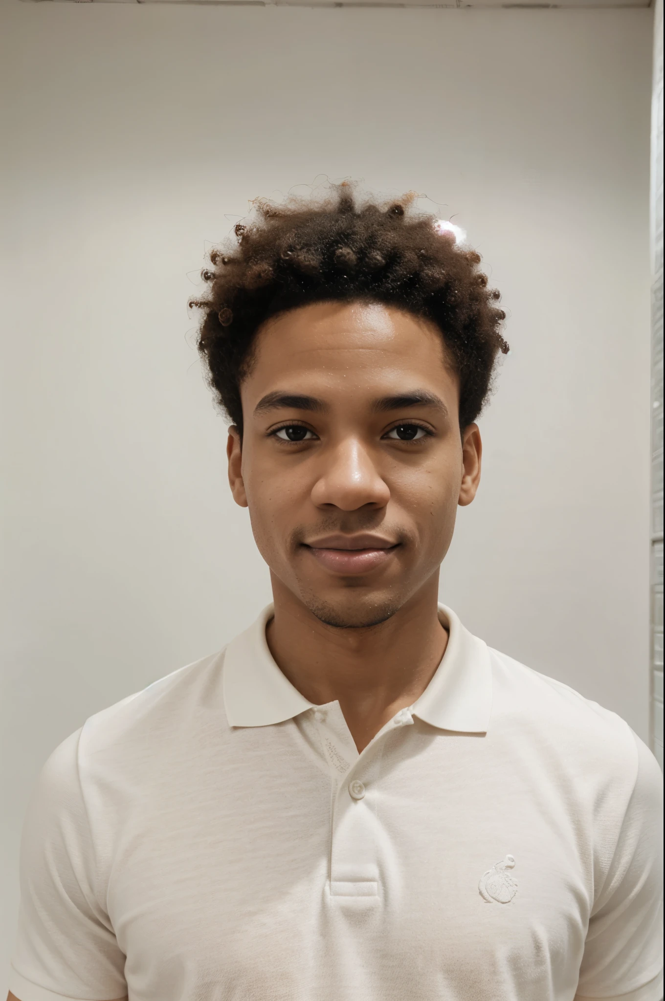 Afro man, light skin, short hair, white plaster wall background, dressed in a polo shirt, very bright space, ID photo type, zoom on bust and face, little smile 