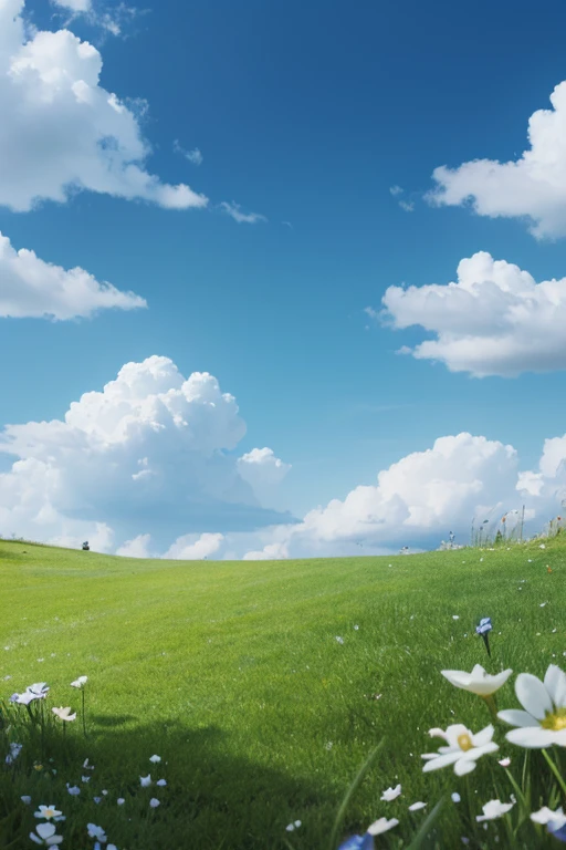 There is a photo of a lawn with a blue sky, Blue sky and white clouds,Sixty percent of the sky, Fantasy Background,Fantasy painting, Close-up of grass,8K HD pictures
