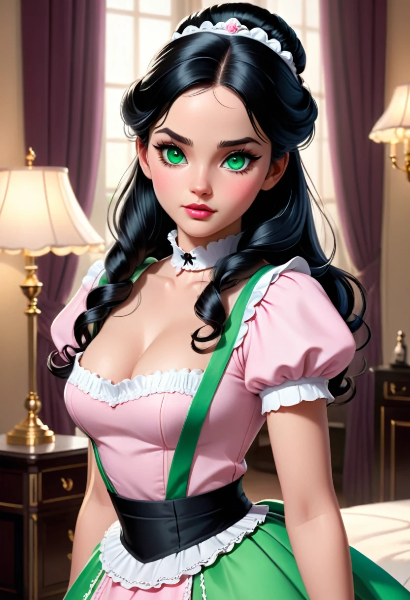 a beautiful maid in a classic french maid outfit, high quality, highly detailed, intricate details, realistic, cinematic lighting, porcelain skin, long black hair, big green eyes, small pink lips, elegant and refined, standing in a luxurious room interior, warm colors, chiaroscuro lighting, photorealistic, 8k, masterpiece