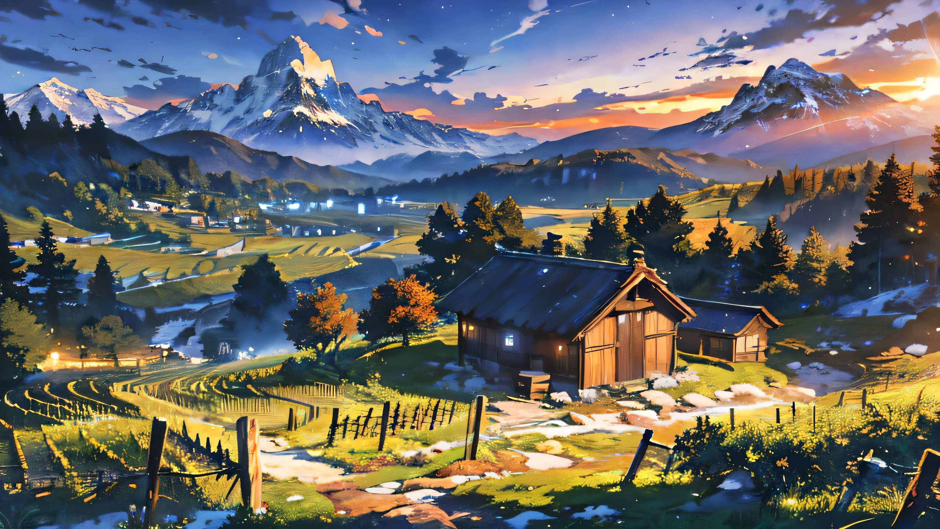 A beautiful landscape painting with a hut nestled in a vineyard at sunrise. The stone path leads through the vineyard, surrounded by lush grapevines. In the distance, snowy mountains rise majestically against the horizon. The landscape is dotted with tall trees, creating a serene and peaceful atmosphere. A calm and glistening valley stretches out beyond the vineyard, adding depth to the composition. The hut, made of weathered wood and surrounded by flourishing grapevines, exudes a sense of tranquility and rustic charm. The surrounding clouds reflect the soft hues of the morning sun, casting a warm and ethereal glow over the scene. The snowy mountains, trees, and valley are all meticulously detailed, the essence of nature in this winter landscape. created with the best quality materials, ensuring vibrant colors and incredible attention to detail. capturing the beauty and serenity of the vineyard in the middle ages. The harmony between the hut, vineyard, snowy mountains, and valley evokes a sense of peace and harmony