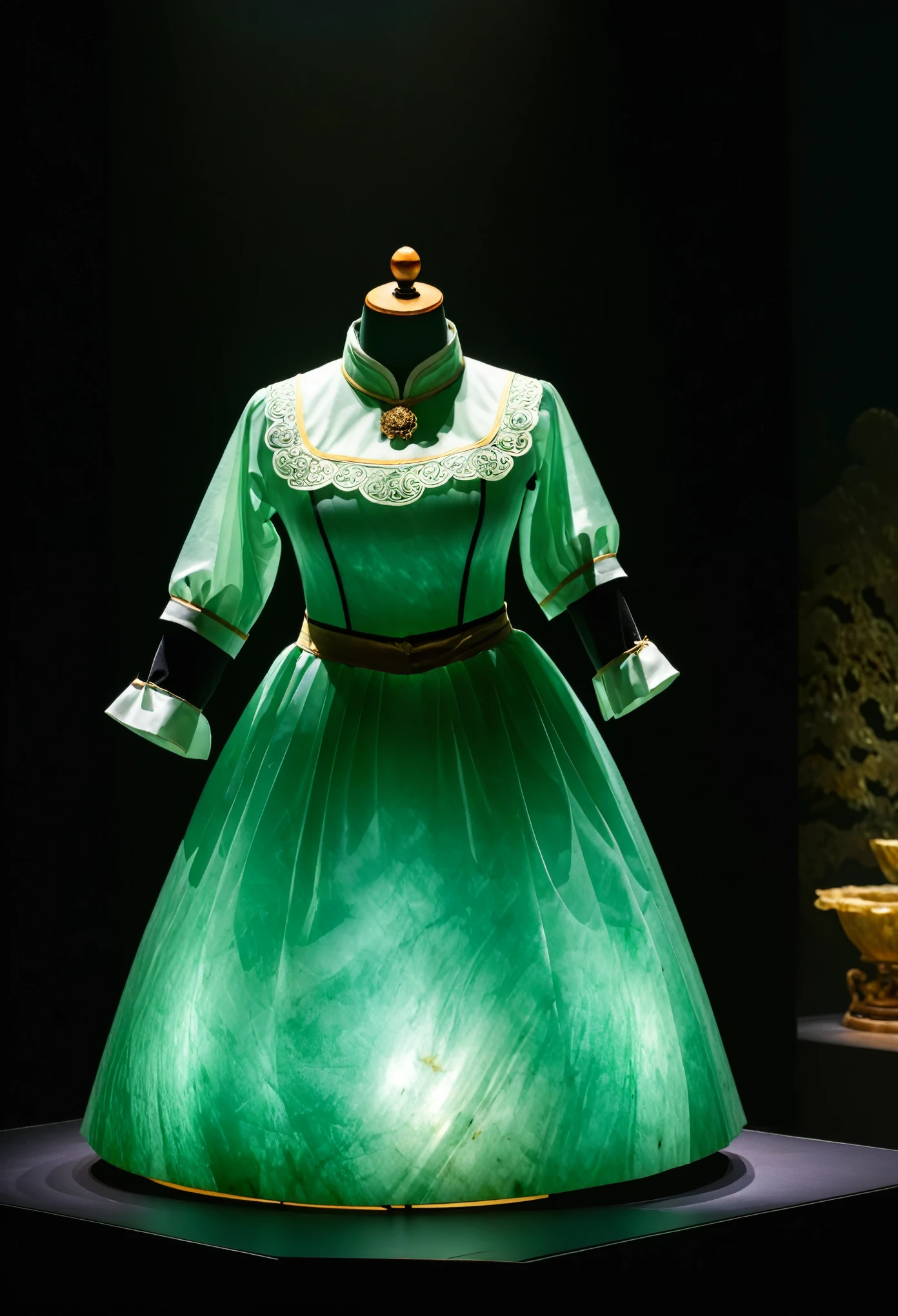 a jade maid outfit on Exhibition, made of jade,,black background,Spotlight,focus on the artifact