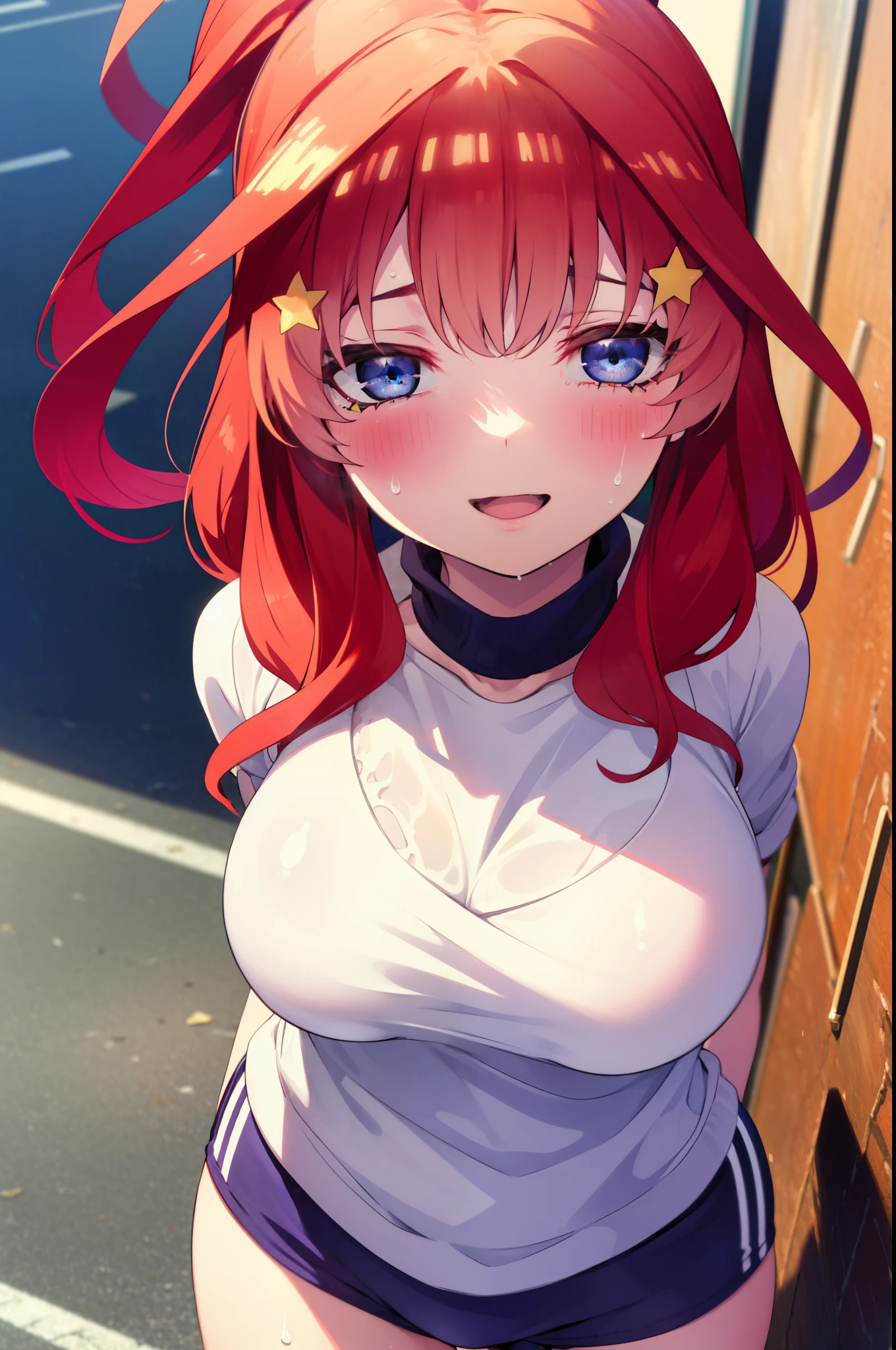 itsukinakano, Itsuki Nakano, bangs, blue eyes, Hair between the eyes, Ahoge, Redhead, star \(symbol\), hair ornaments, star hair ornaments,ponytail, smile, happy smile, smile, Open your mouth,Big Breasts,smile,Sweat,Wet Skin,Wet clothes,Sportswear,Bloomers,sneakers,whole bodyがイラストに入るように,running,Looking up from below,
break outdoors ,School,グラウンド
break looking at viewer, whole body,(Cowboy Shot:1. 5) ,
break (masterpiece:1.2), highest quality, High resolution, unity 8k wallpaper, (shape:0.8), (Beautiful details:1.6), Highly detailed face, Perfect lighting, Extremely detailed CG, (Perfect hands, Perfect Anatomy),