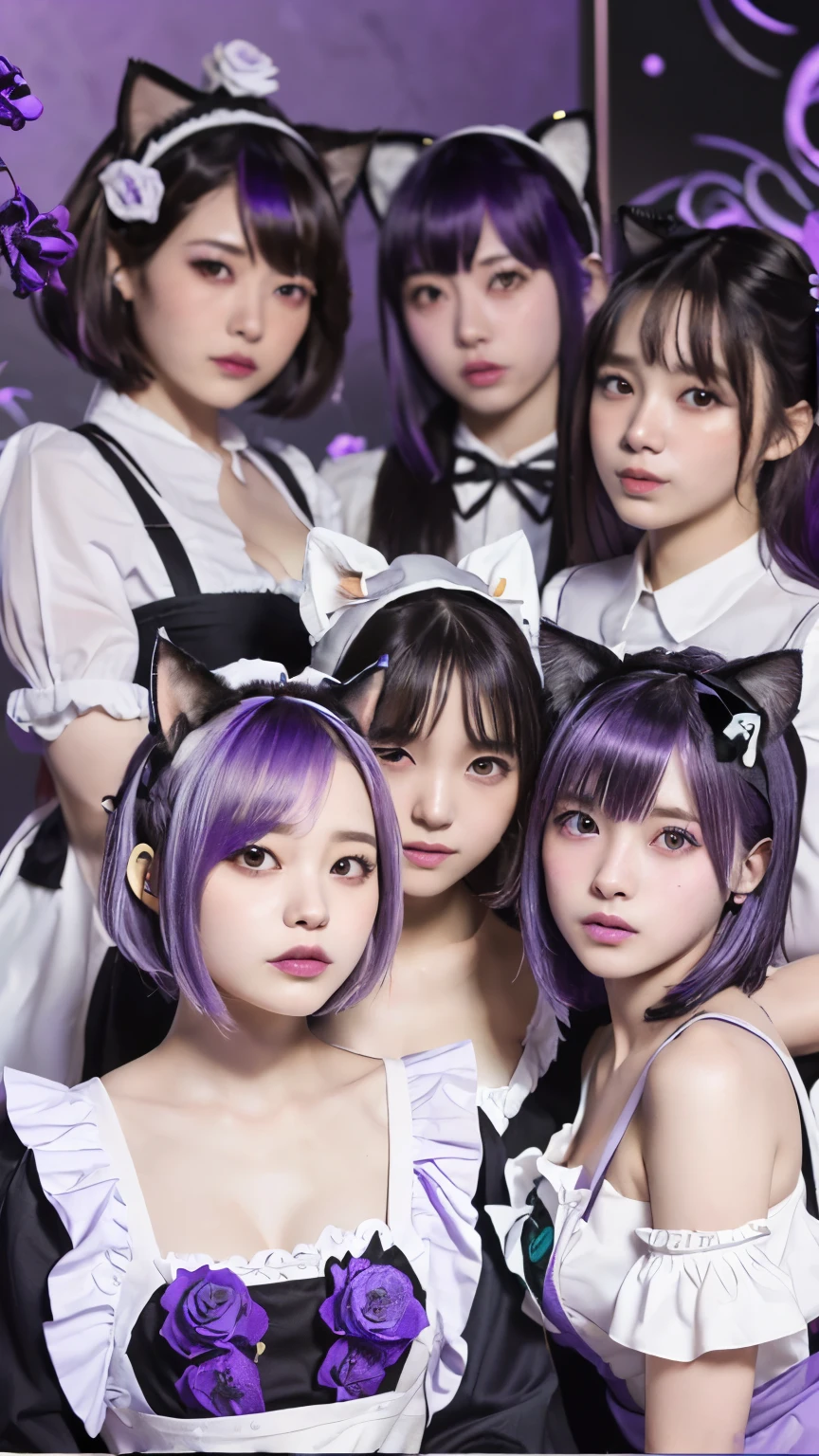 (Emo art:1.6), masterpiece, 4k, Bokeh, high school girls, (Multiple girls:1.6), (Group photo:1.5), beautiful face, (Cat ears:1.3), (Purple bob hair:1.6) , (Japanese idol:1.6), Blushed face, (Purple maid costume :1.4), looking at the viewer, closeup,
(Purple background :1.4), (Purple rose room:1.6), Purple thema
