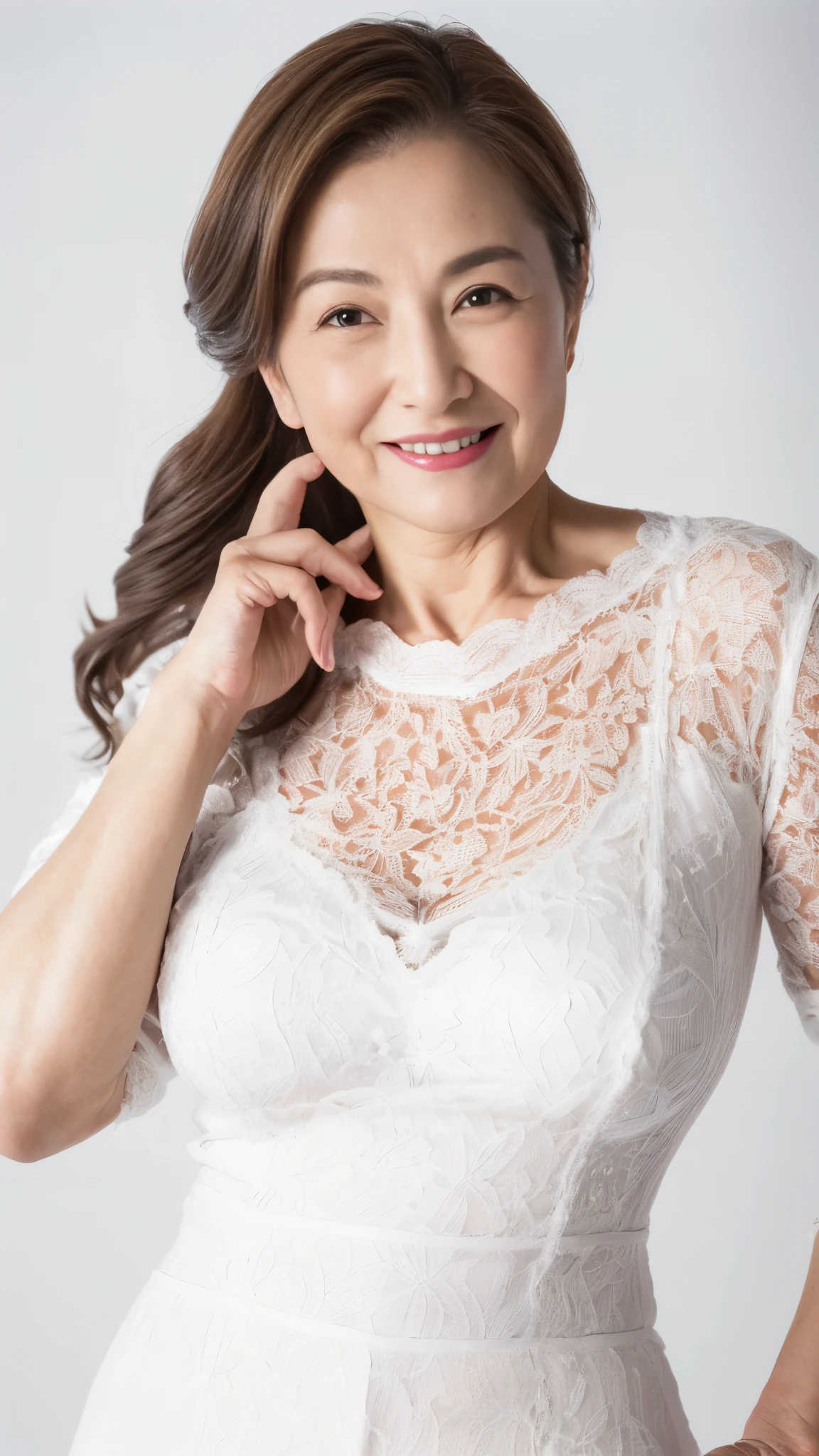 Mid-range close-up, Late Elderly, ((Perfect composition)), (((masterpiece))), 8k, Clear images, (((alone))), (((Asian Beauty))), Pure white background, Gray Hair, Hands behind back, Refreshing early summer outfit, Alluring, ((Elderly)), Depict lips accurately,Red lips, Flashy makeup, (((alone))), (((Perfect Anatomy))), Depicting ears correctly, Pure white background, gravure, Upright posture, smile, ((Beautiful mature woman)), highest quality, Very detailed, Realistic, Very detailed細なスキン, (Madame), (The corners of the mouth are turned up), 100 years old, Huge breasts, Mature Politician, Glamour, sexy, Pure white skin, Comfortable clothing,

