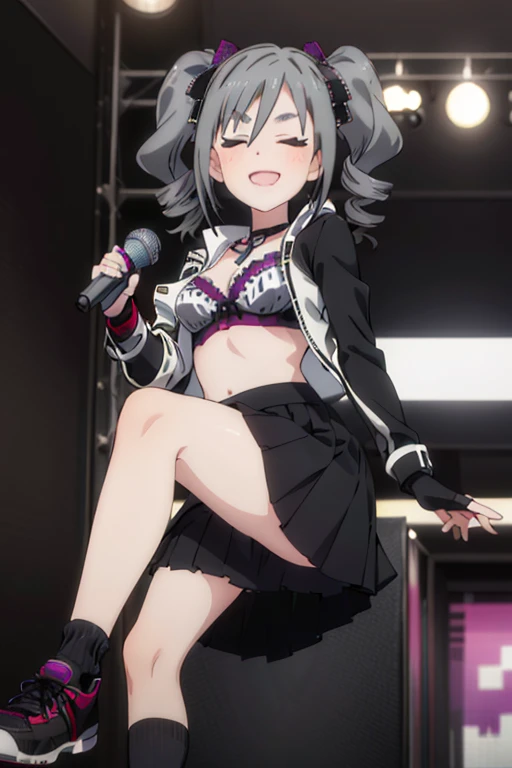 (((pixel-perfect, detail-perfect))), solo, 1girl, ranko kanzaki, jacket black, open jacket, bra gray, gloves black, skirt black, socks gray, shoes black, fingerless gloves, smile, happy closed eyes, live stage, holding microphone