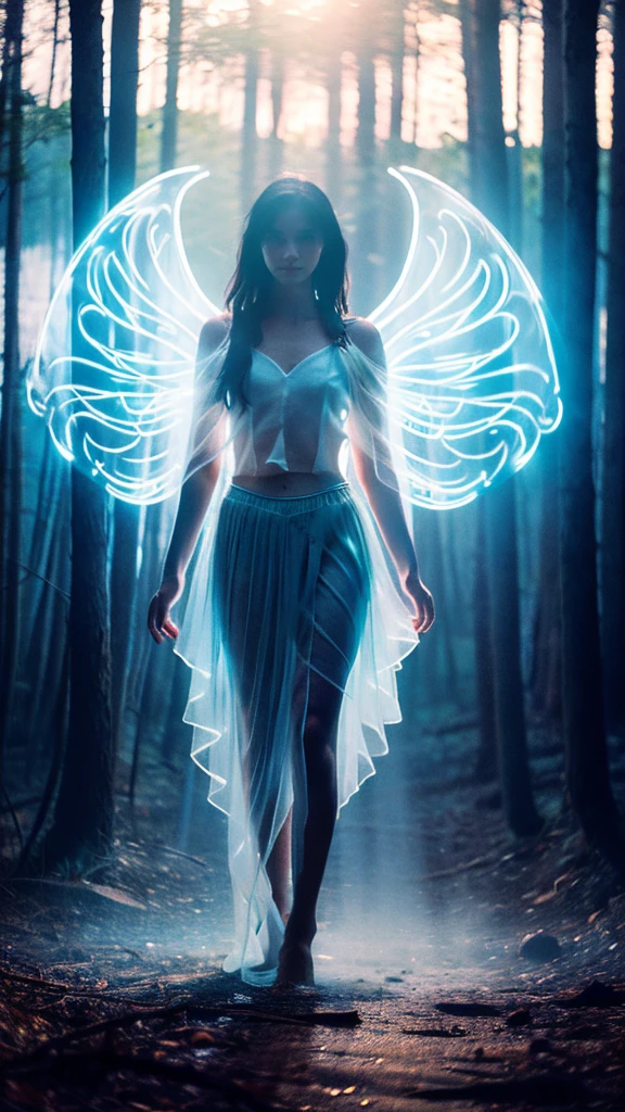 A girl, solo, glowing eyes, pretty face, angel wings, fairy skirt, veil, full body photo, looking at the viewer, cyan blue style, mysterious lake, hazy beauty, fantasy feeling, mysterious feeling, reality , detailed, cinematic lighting effects, ambient lighting