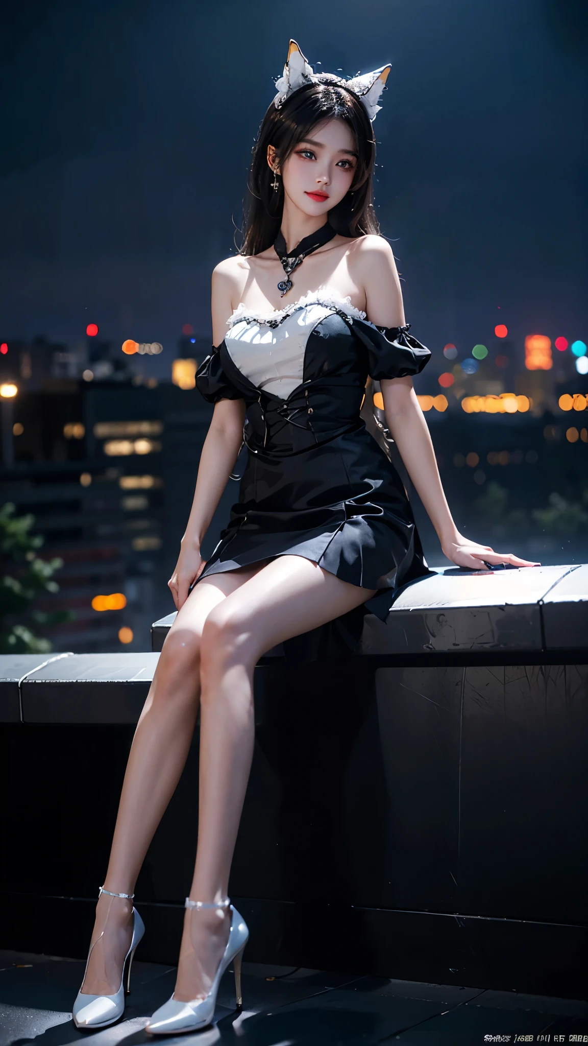 shinano role play costume, role play, High Leg Raise, High heel, transparent, Fox Tail, Many tails, ((whole body)), ((Shot from random angles)), ((Sitting)), ((In class, Sitting on the podium)), (yushuxin,1 Girl,Solitary), Clear face, Pretty Face, 8K, masterpiece, original photo, best quality, detail:1.2,lifelike, detail, Very detailed, CG, Unite, wallpaper, Depth of Field, Movie Lighting, lens flare, Ray tracing, (extremely beautiful face, Beautiful lips, beautiful eyes), Wheels within wheels, detail的脸, ((ultra detailed skin)), 1 girl, in the darkness, Deep Shadows, Beautiful korean girl, Korean Idol,(Very slim figure:1.3), Full breasts, Large Breasts, Slender sexy legs, Very beautiful legs, Elegant Posture, (A big smile), (City night, (Neon), (night), Beautiful korean girl, White Diamond Earrings, diameter bracelet, Deya Necklace, Clear eyes, (big eyes)