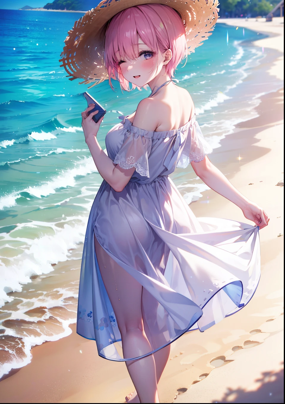 ichikanakano, ichika nakano, short hair, bangs, Close your eyes,Hair between the eyes, blush,Open your mouth,smile,Pink Hair,He is wearing a slightly oversized straw hat.....,White off-the-shoulder dress,Long skirt,barefoot,風になびくPink Hair,Looking Back.,whole bodyがイラストに入るように,
break looking at viewer, whole body,
break outdoors, Sandy Beach,
break (masterpiece:1.2), highest quality, High resolution, unity 8k wallpaper, (shape:0.8), (Beautiful and detailed:1.6), Highly detailed face, Perfect lighting, Highly detailed CG, (Perfect hands, Perfect Anatomy),