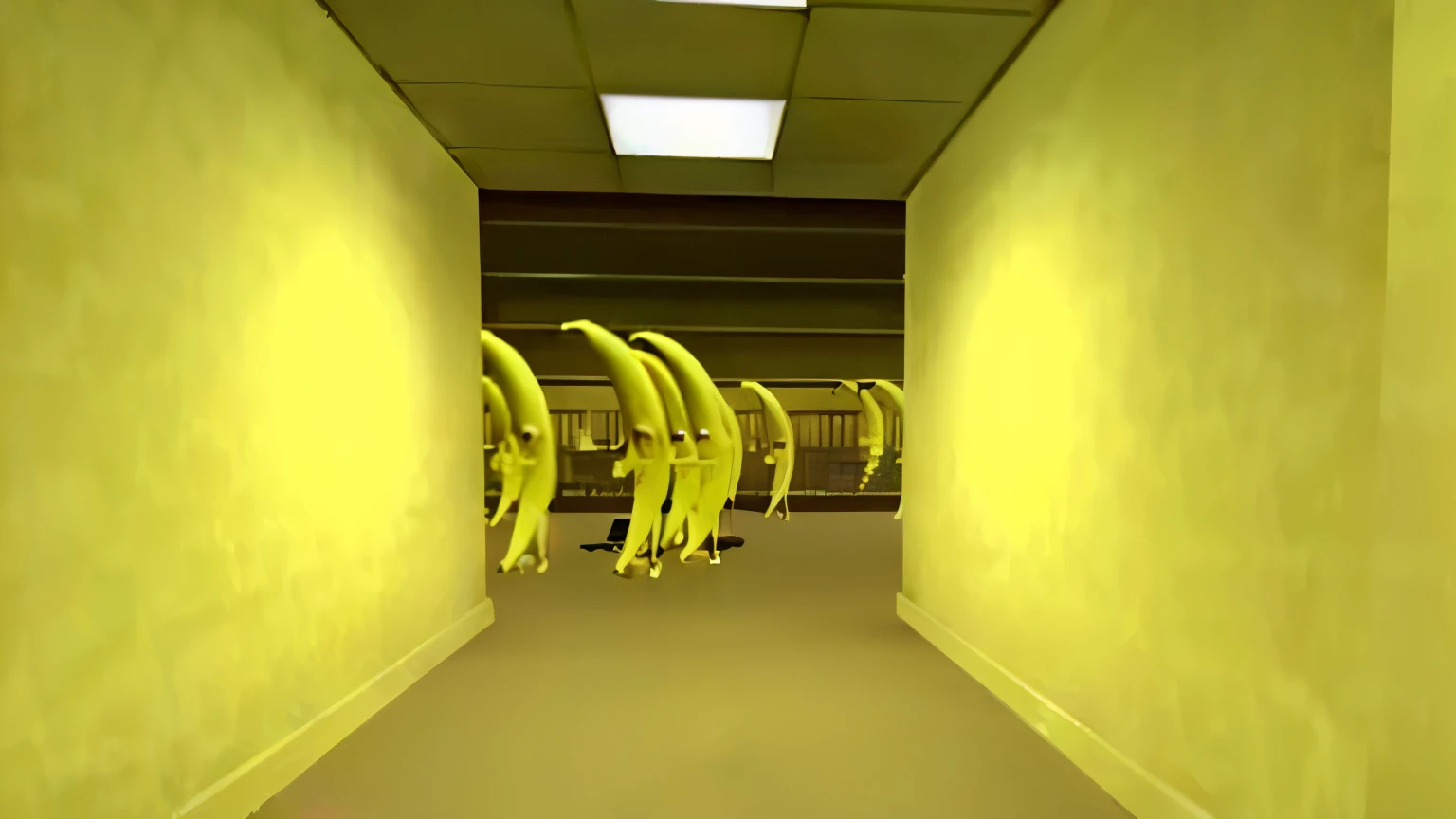 there are bananas hanging from the ceiling in a hallway, bananas weapon, scp-914, bananas, giant bananas natural disaster, scp 173, banana, 9 0 s cgi, an scp anomalous object, gmod, the banana blue gang, scp 3008, path tracing, computer generated, scp-173, raymarching