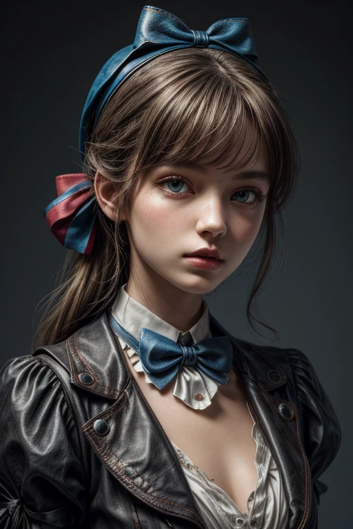 1 Girl, masterpiece, Best quality, 8K, Detailed leather texture, detailed cloth texture, beautiful detailed face, complex parts, ultra detailed, Alice in Wonderland, (bow on her head:1.1), Upper body