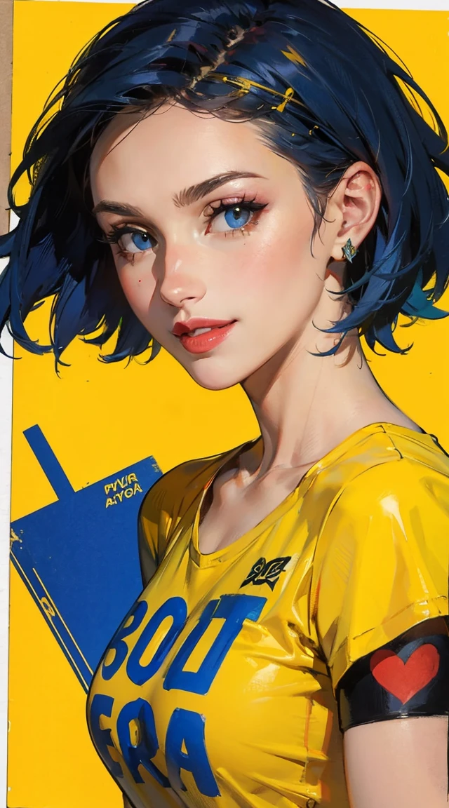 lucy pinder, face portrait, short hair, blue hair, smiling, yellow t-shirt, tatoos, blue lipstick