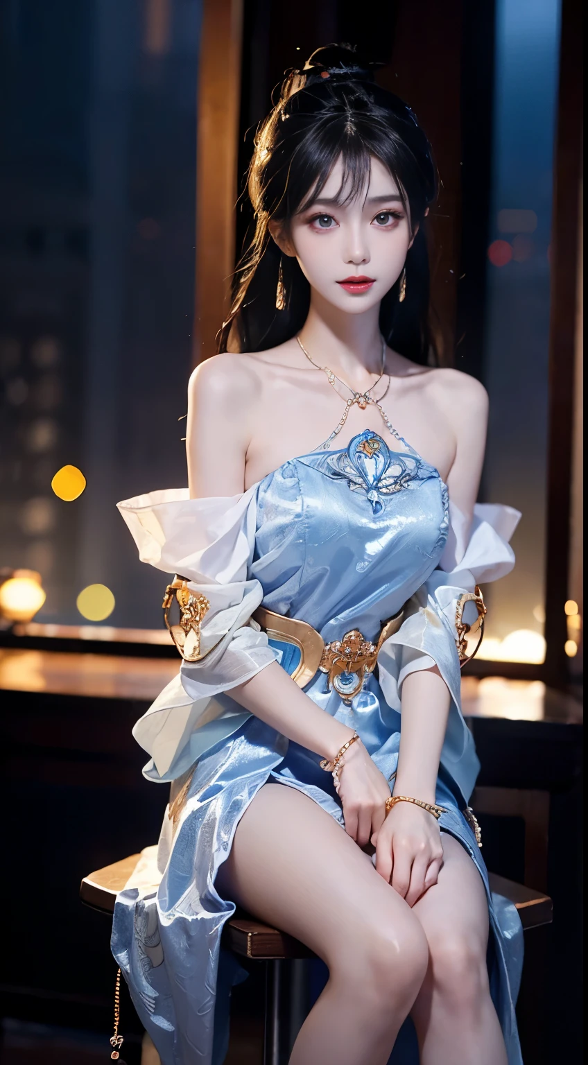 yinziping,china dress,  ((Bare shoulder)), ((full body)), ((Shot from a random perspective)), ((sitting position)), ((in the classroom, Sit at the lectern)), (yushuxin,1girl,solo), clear face, pretty face, 8k, masterpiece, original photo, best quality, detail:1.2,lifelike, detail, Very detailed, CG, unified, wallpapers, depth of field, movie light, lens flare, Ray tracing, (extremely beautiful face, beautiful lips, beautiful eyes), intricate, detail face, ((ultra detailed skin)), 1 girl, in the darkness, deep shadow, beautiful korean girl, kpop idol,(Very slim figure:1.3), A plump chest, Large breasts, Slender sexy legs, Very nice legs, elegant posture, (bright smile), (City night, (neon lights), (night), beautiful korean girl, white diamond earrings, Diameter bracelet, Dia necklace, clear eyes, (big eyes)