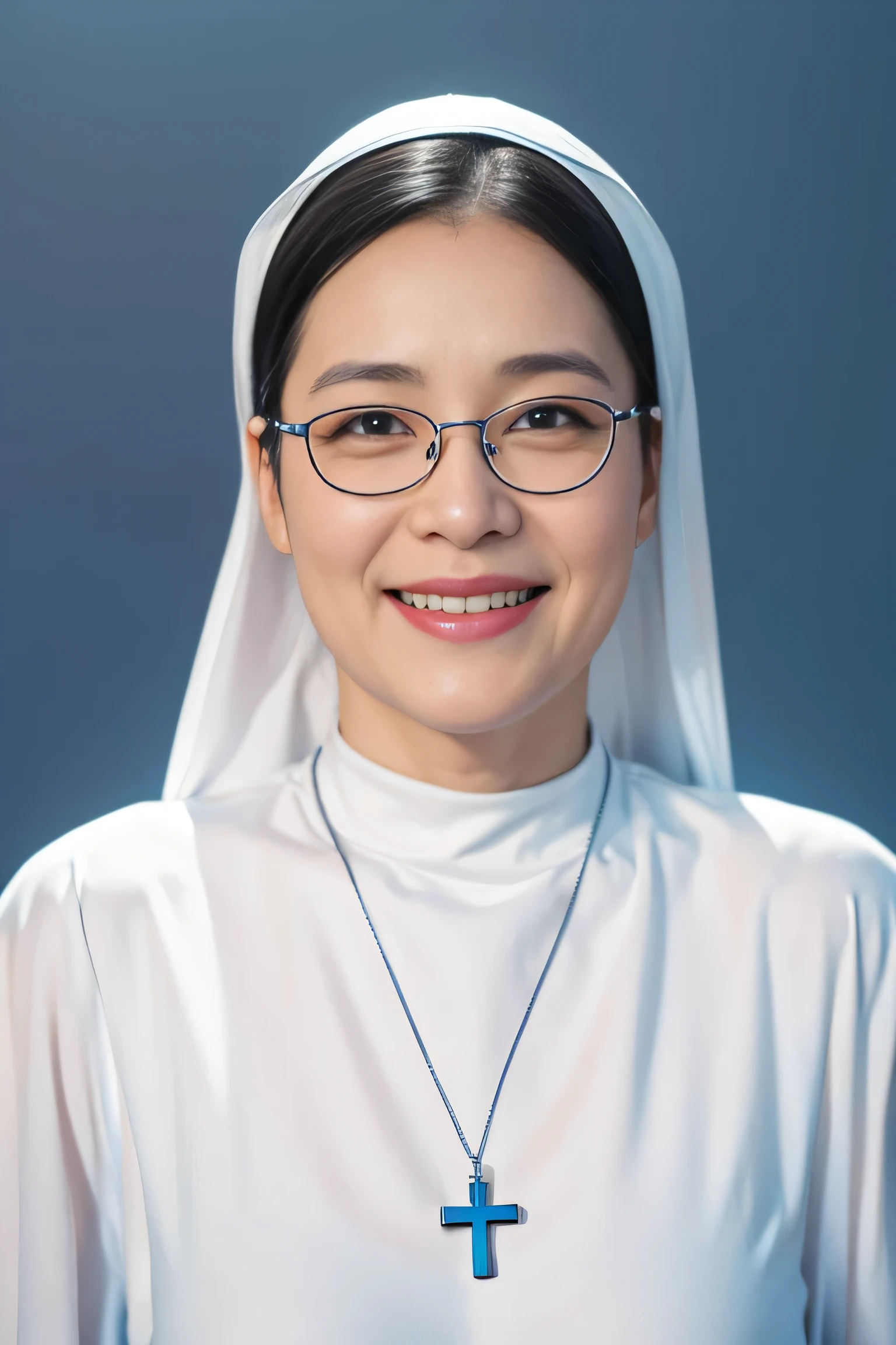 Highly realistic photo, ((masterpiece), (best quality), (raw photo), (photorealistic:1.4), Portrait of a smiling nun wearing glasses and a white turtleneck shirt. She was wearing a silver cross pendant around her neckk, ((blue background:1.4)) , photo taken by Sony A7IV