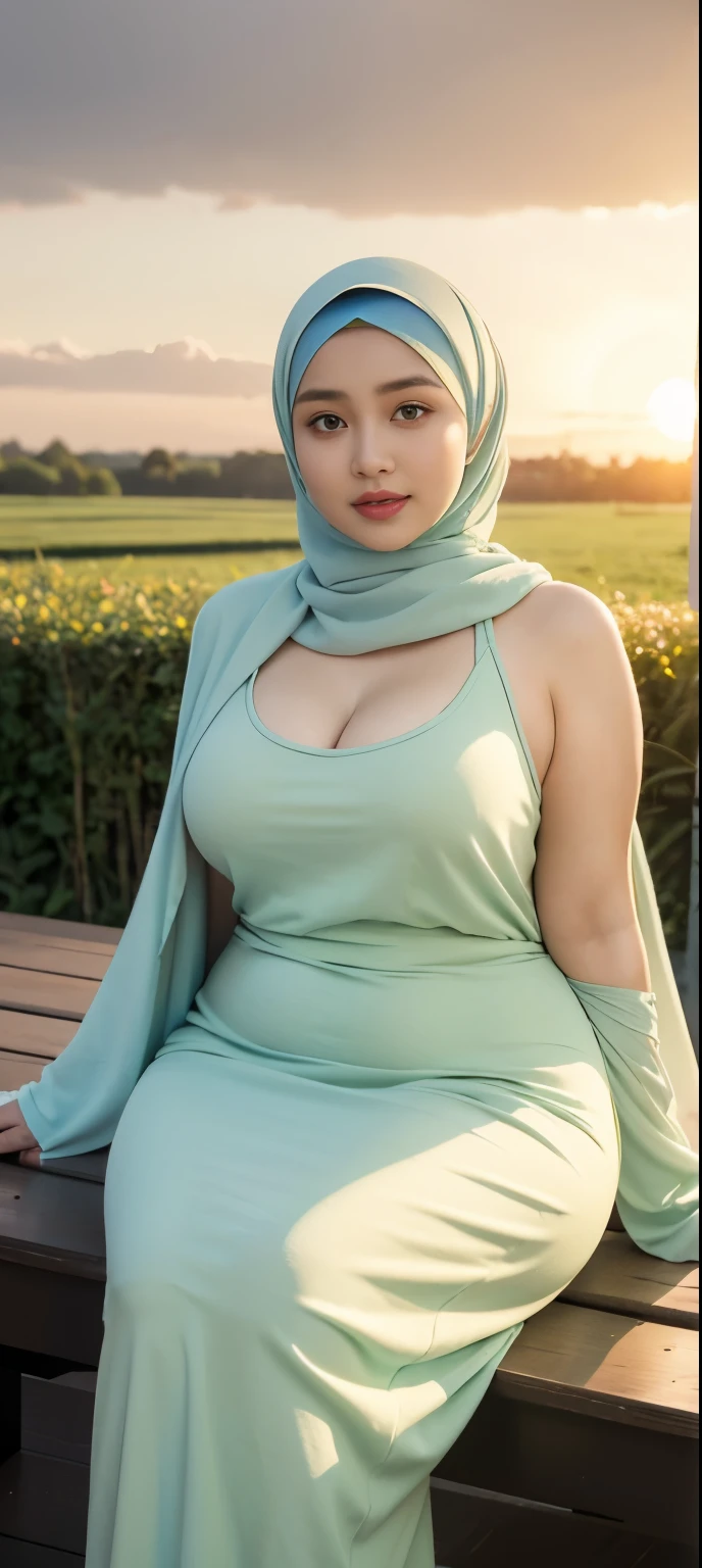 ( Close Up),RAW, Best quality, high resolution, works: 1.3), Beautiful Malay woman in hijab, Masterpiece, fit body, big breasts, beautiful big eyes, Soft smile, beautiful face, woman sitting at a table in a green meadow, traditional beauty, moment sunset, in the field, in the countryside, beautiful woman, with the sunset, wearing a soft long dress,muslim, on a wooden table, hijab, beautiful woman, with a beautiful appearance, a very beautiful masterpiece, a masterpiece of art, good lighting, Bright colors, Clean lines, chubby body, wide chubby hips, chubby arm, chubby massive thighs , massive cleavage , massive armpits , white armpits , armpit hair , extra cleavage