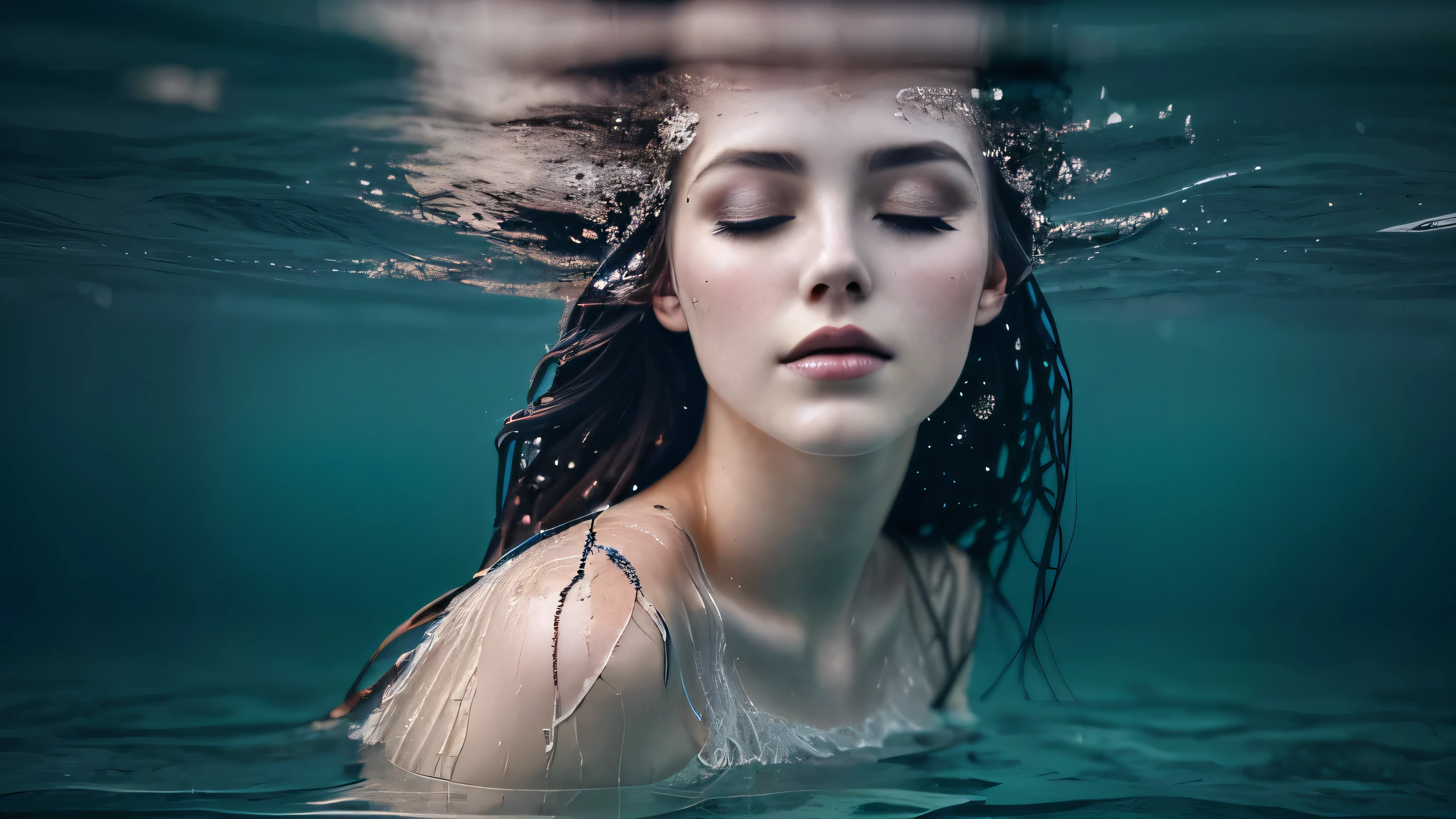 A woman in the water with her eyes closed, Portrait of woman underwater, closeup fantasy with water magic, 8k Artistic Portrait Photography, Drowning in water, Nymph in the water, Inspired by Brooke Shaden, Inspired by Elsa Bleda, Immersion, Floating underwater in the lake, photographyalexey gurylev