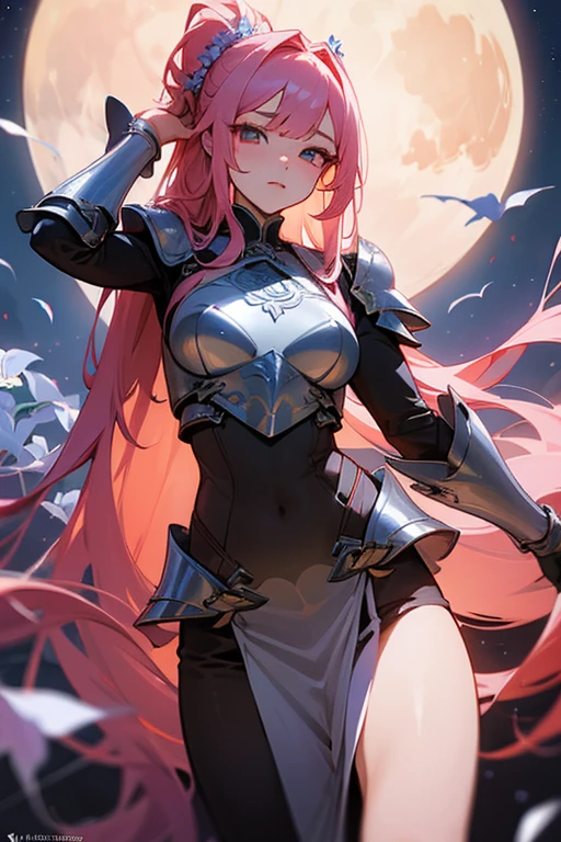 Sexy, provocative armor, high detail, light red long flowing hair, sexy pose, big, night, flowers, moon, Korean face, pretty eyes, holding thin sword, beautiful warrior, liliums