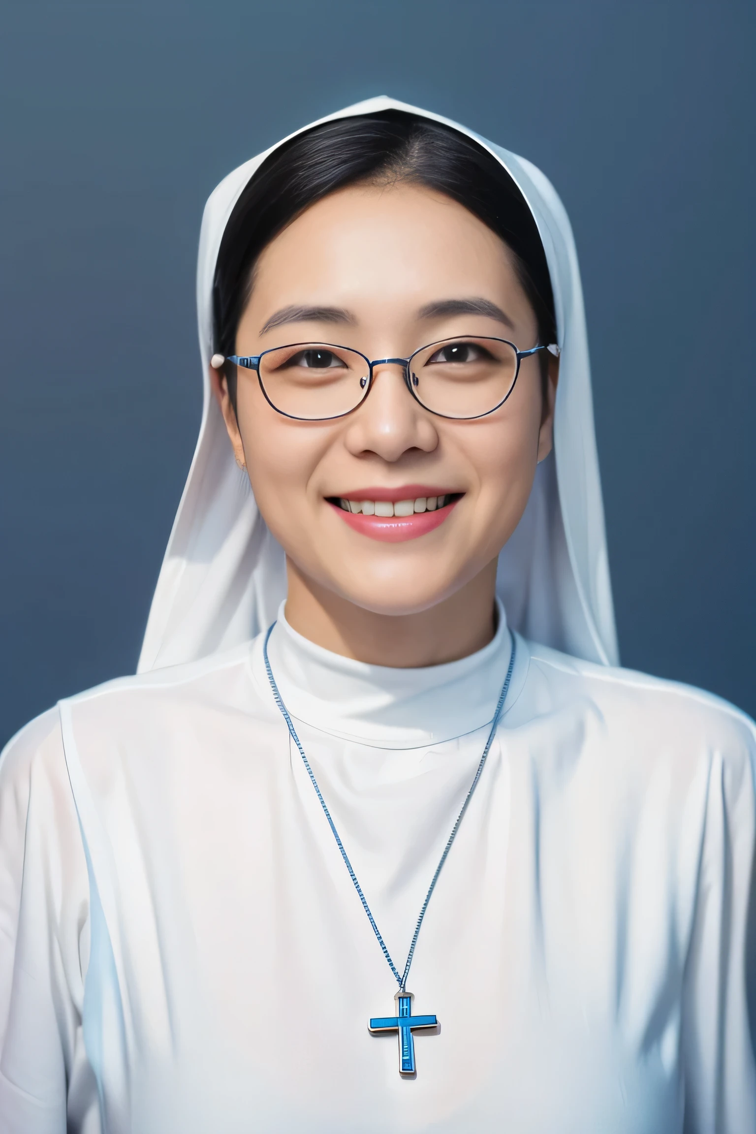 Highly realistic photo, ((masterpiece), (best quality), (raw photo), (photorealistic:1.4), Portrait of a smiling nun wearing glasses and ((a white turtleneck shirt)). She was wearing a silver cross pendant around her neck, ((blue background:1.4)) , photo taken by Sony A7IV