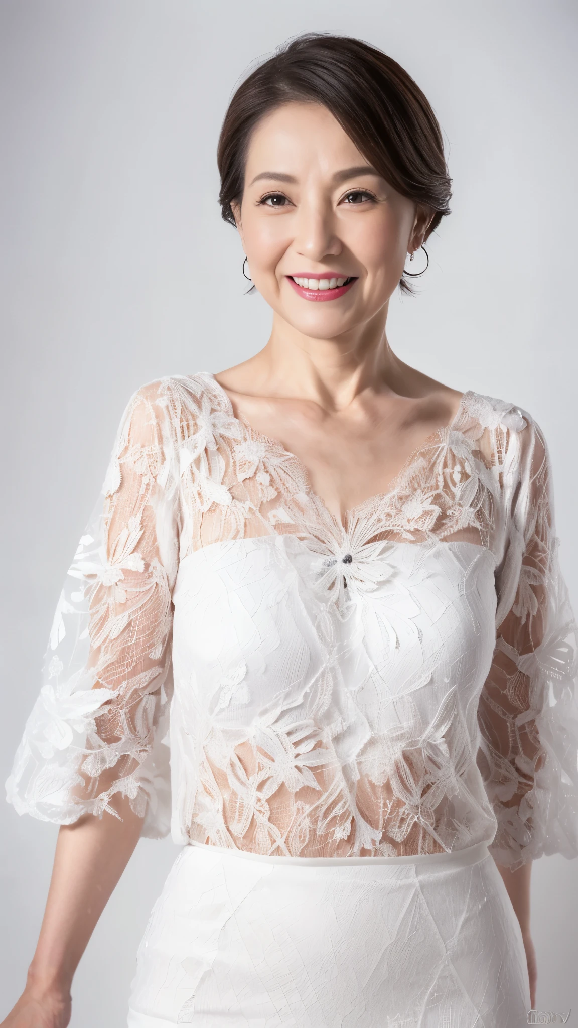 Mid-range close-up, Late Elderly, ((Fractal Art)), (((masterpiece))), 8k, Clear images, (((alone))), (((Asian Beauty))), Pure white background, Gray Hair, Hands behind back, Refreshing early summer outfit, Alluring, ((Elderly)), Depict lips accurately,Red lips, Flashy makeup, (((alone))), (((Perfect Anatomy))), Depicting ears correctly, Pure white background, gravure, Upright posture, smile, ((Beautiful mature woman)), highest quality, Very detailed, Realistic, Very detailed細なスキン, (Madame), (The corners of the mouth are turned up), 100 years old, Huge breasts, Mature Politician, Glamour, sexy, Pure white skin, Comfortable clothing,
