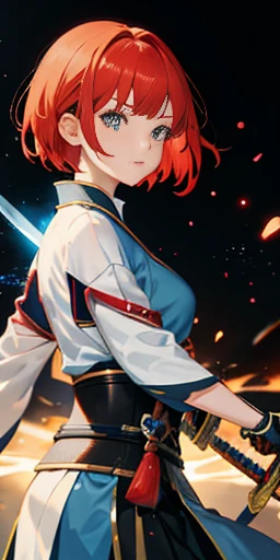 One girl, Japanese Armor, Red Hair, Short Hair, sword, ((holding sword)), Blue Flame, Glowing Weapons, Particles of light, wallpaper, chromatic aberration，Anime drawings