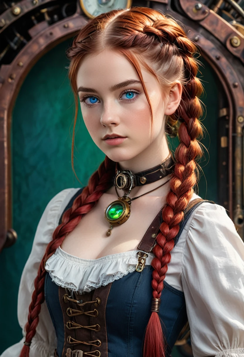 15 year old, 1girl, solo, long hair, looking at viewer, simple background, green eyes, blue eyes, red hair, upper body, braid, twin braids, lips, steampunk background, steampunk outfit, portrait, realistic, expose breast, small breast, incredibly absurdres, ultra detailed, high resolution, realistic lighting, photorealism, hyperrealism,masterpiece,vibrant colors,stunning visuals,ultra skin texsture,stable diffusion,perfect anatomy,crazy details