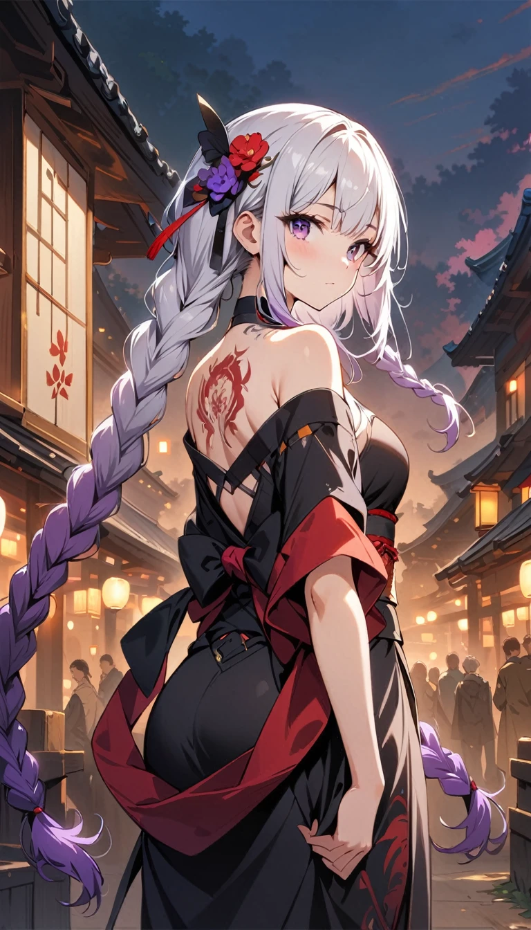 masterpiece, Top quality, best quality, Official Art, beautiful and aesthetic:1.2),1 Girl, yinji, purple hair, purple eyes, long hair, white hair, double braids, gradient hair, Tattoo, Solitary, Japanese clothes, Red and black kimono, Hair accessories, back Tattoo, dragon Tattoo, Off-shoulder, Bare shoulders, look back, From the back, flower, looking at the audience, Keep, cosmetic, outdoor,