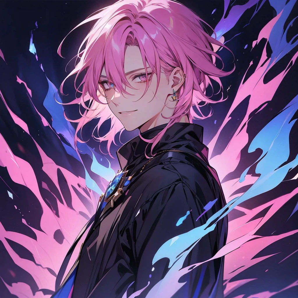 Masterpiece, absurdres, fine detail, HDR, solo, looking at viewer, smile, shirt, blonde hair, 1boy, hair between eyes, jewelry, jacket, golden eyes, upper body, male focus, earrings, necklace, ear piercing, FH , lightning mage, toned, lightning mage robe, electrical aura, early 20s,