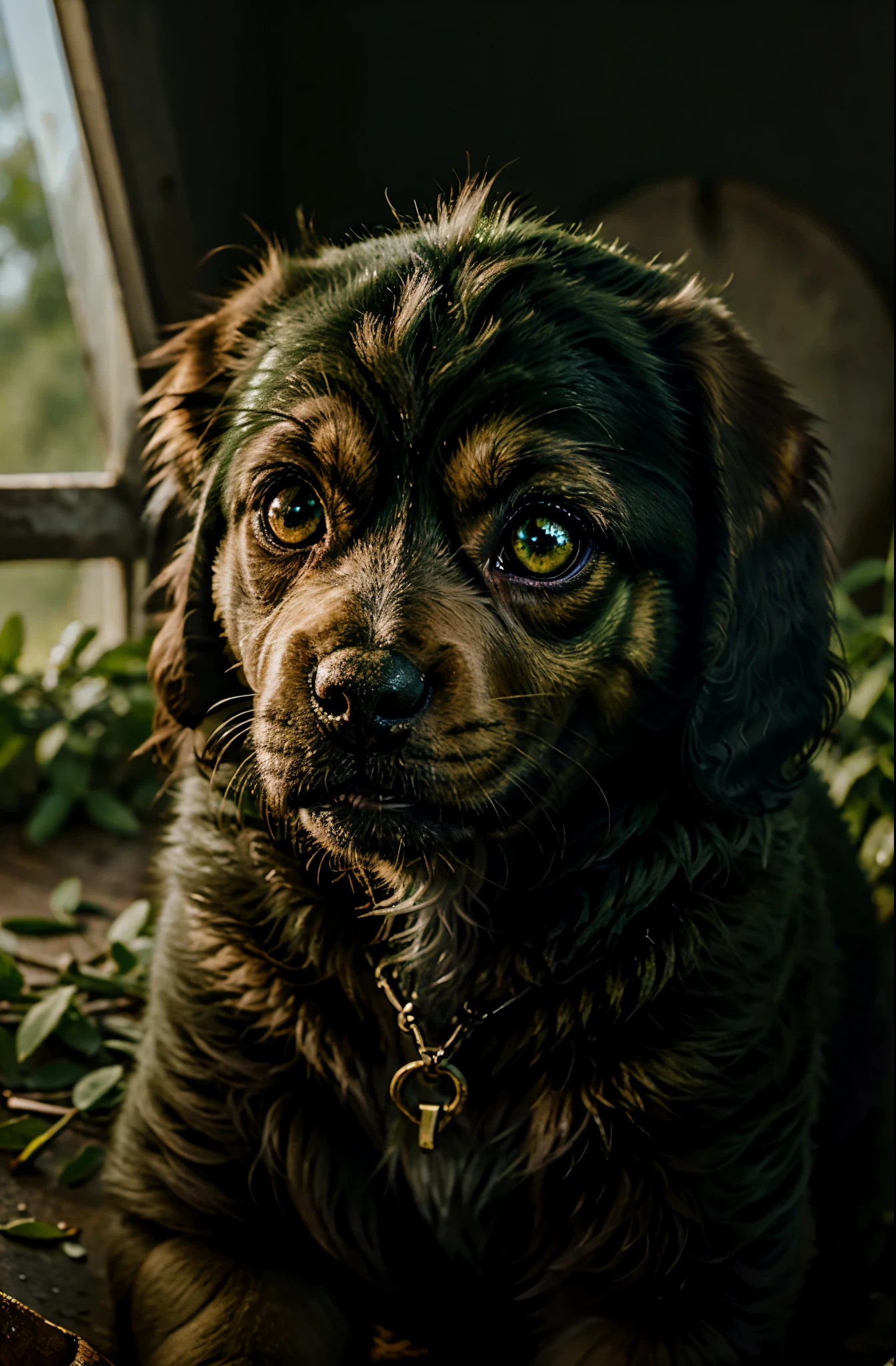 puppy with green eys in oil painting