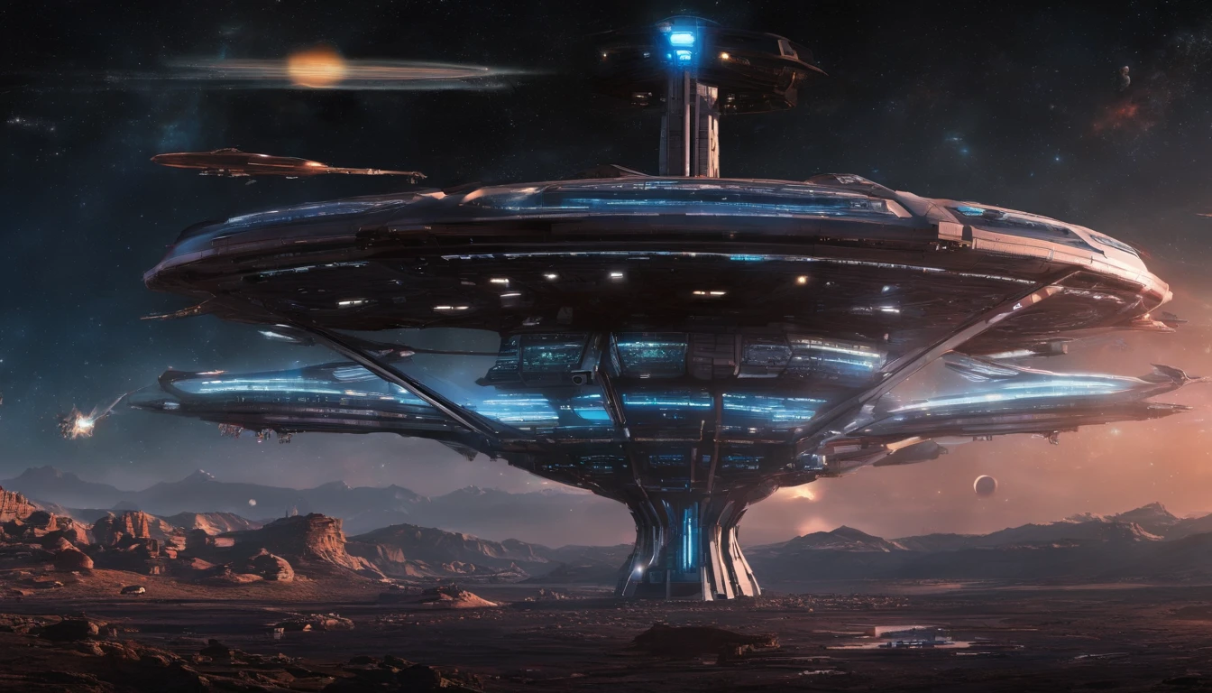 The space station is massively bigger than Babylon 5, but in the shape of Deep Space 9. The space station has 6 O'Neal Class space stations off in 5 different equilateral directions, & 1 down the middle. It's 10 times bigger than Saturn, and generates it's own power. There are hundreds of starships going to & fro, from the station, at any hour of the day. The station is in the center of the foreground. There are many stars, a nebula, and a comet, in the background. (((Use the following styles:conceptual art, protovision,3d render, architecture, portrait photography, cinematic, diamond, alienWalter Matt Jeffries, Issac Asimov, Stanley Kubrick, and Larry Niven))).