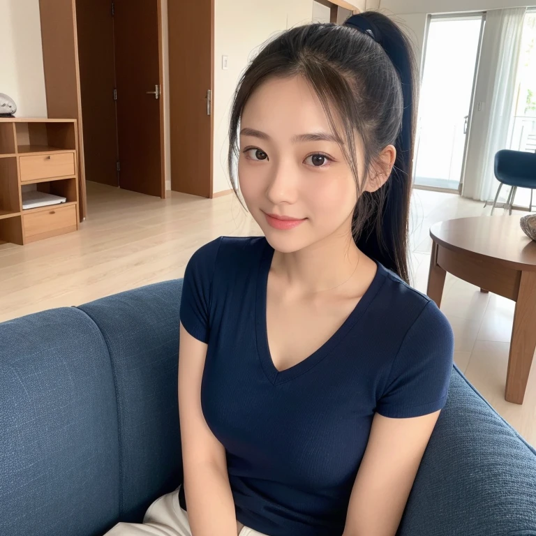 The face of a young, beautiful Japanese woman with a ponytail sitting on a blue sofa in a living room during the day, looking at the camera with a small smile. Focal length 100mm f/2.8, spring daytime, sunny weather outside, living room on the upper floor of a high-rise apartment, beautiful features, friendly smile, toned body, plain navy blue T-shirt, white shorts, close-up of facial expression, bird's-eye view, realistic, highest quality.