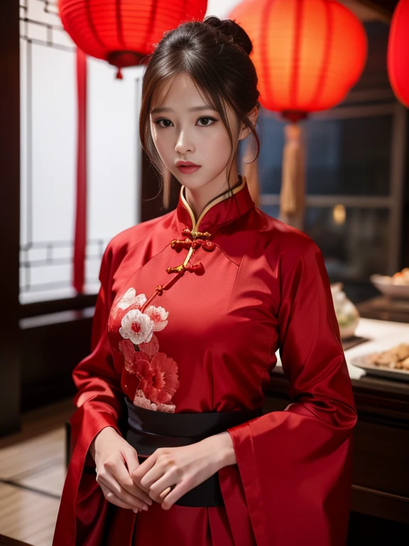 8k, Masterpiece Best Quality, Women, Man, (Gentle Shape), perfect face, hanfu dress, sexy, fascinating, thin fabric chinese dress, tower, red lantern tower,