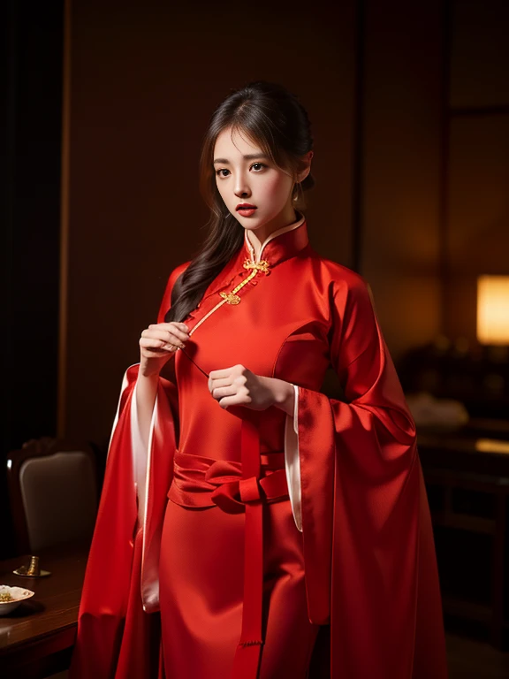 8k, Masterpiece Best Quality, Women, Man, (Gentle Shape), perfect face, hanfu dress, sexy, fascinating, thin fabric chinese dress, tower, red lantern tower,