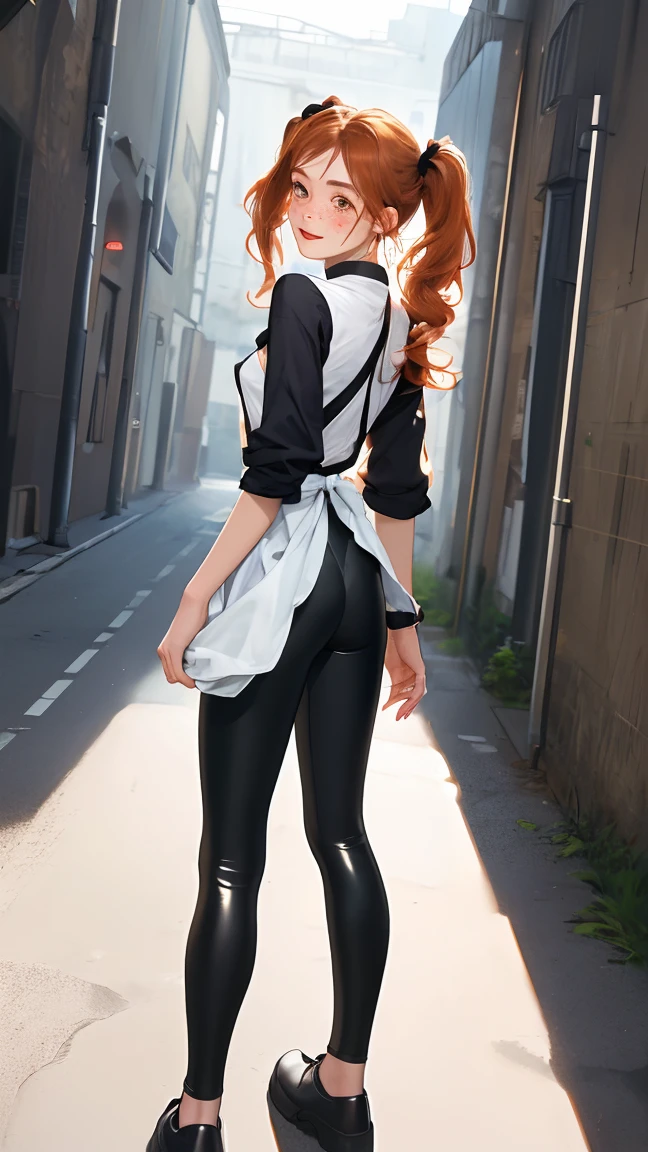 View from behind, maid outfit,masterpiece, fullbody，solo，  best quality, ridiculous, high resolution, 4k, ray tracing, intricate details, very detailed, looking back, (1girl: perfect face, cute, small breasts , long ginger hair, , twin tails, freckles, shiny leggings)