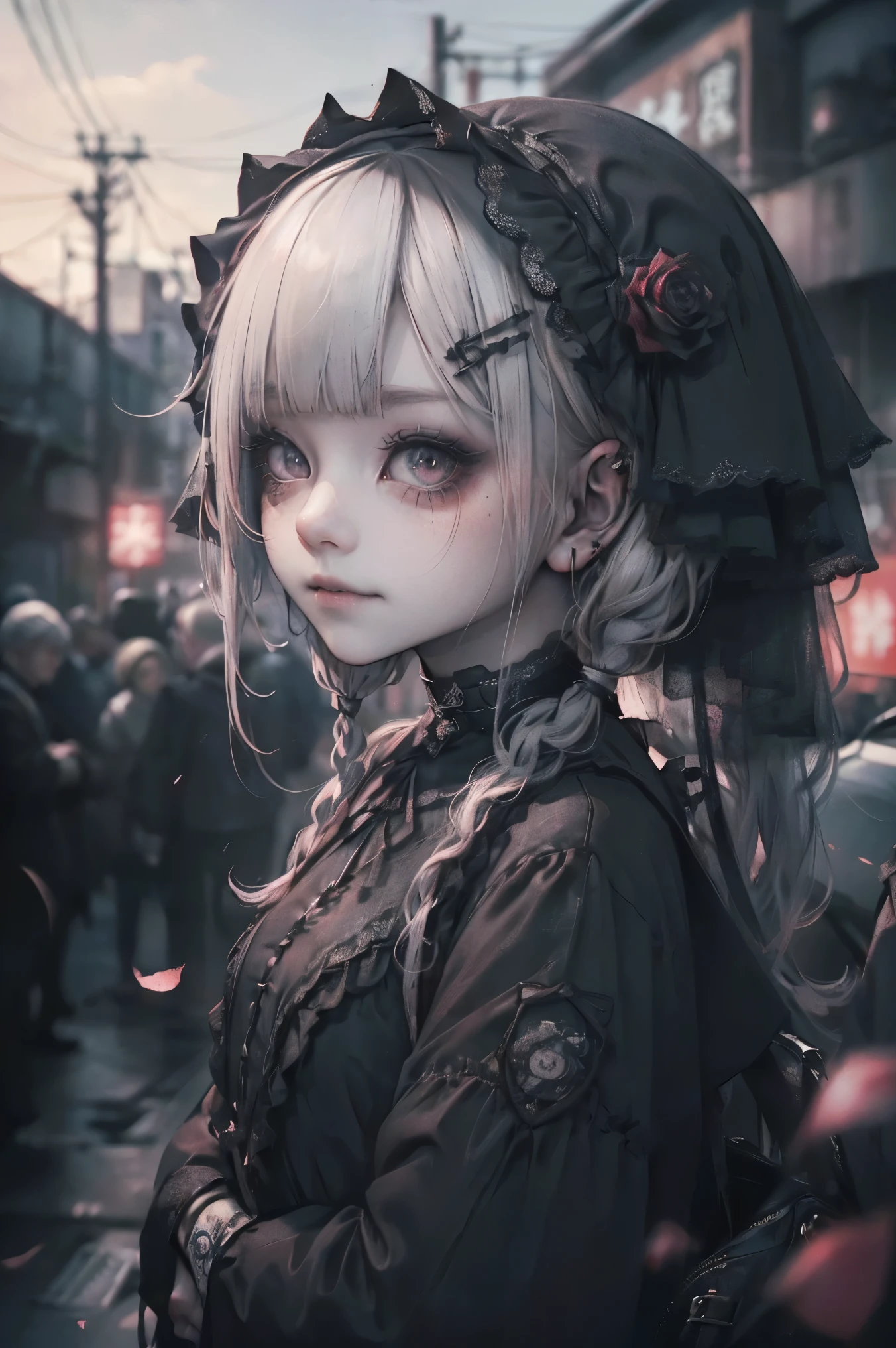 (smile:1.４）,(Looking at the audience:1.4)、Red Gothic ta、bonnet、,(Face Focus),break,、Beautiful woman、miserable、Fine Eyes、black eye、Industrial Landscape、blonde、Twin tail hair、Black dark eyeshadow、Good skin radiance、particle、Rose petals、