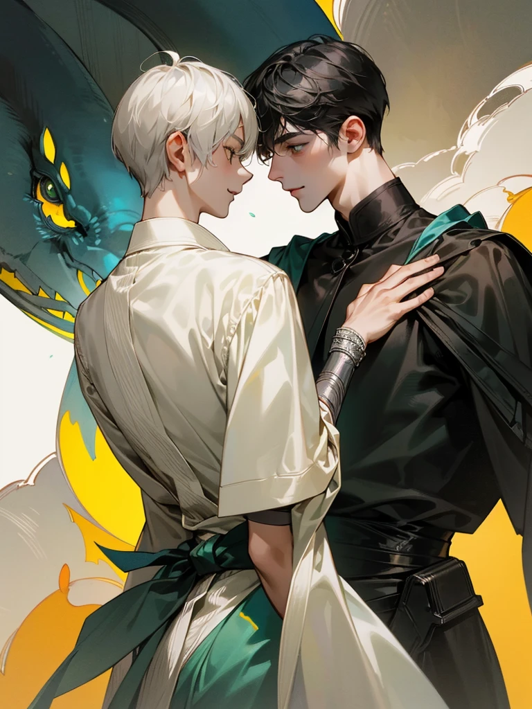 (((photographic, photo, photogenic))), extremely high quality high detail RAW color photo, Lovecraftian cybernetic horror, watercolor, otherworldly textures , high quality, detailed,
young man , 4K UHD, super detail, best quality, detailed eyes, masterpiece, 2 young men who smiles at each other with a love atmosphere ,one of them is 21years old and has a white straight short hair and green beautifull eyes this men smiles a sweet smile with quiet expression and beautiful smile and he wears a cute outfit,the second men is taller than the previous one and he is 27year and this men has acblack semi long haircut and yellow eyes and has a quiet expression face and he has a sharp eyes and wears a black clothes,high resolutions