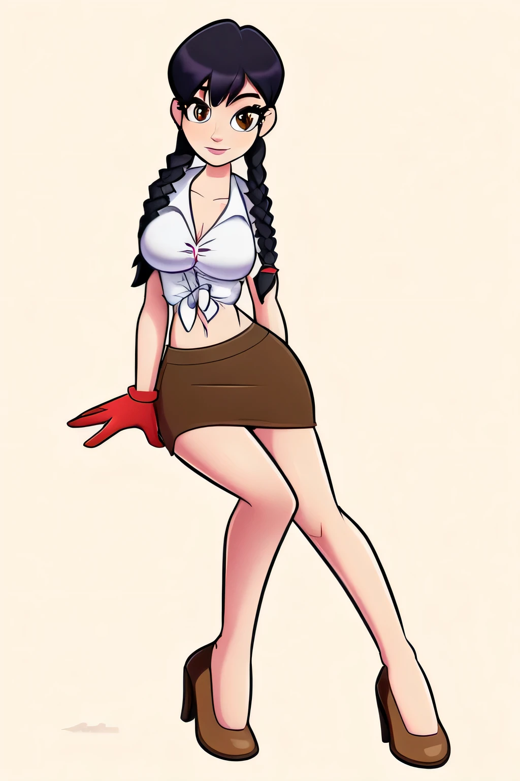 A tall, sexy, beautiful woman with a big breast, long black hair, braids her brown eye, eyelashes, slim black pink lip, wears a white button-down shirt, tied in a knot, shows her navel, curve, sexy wide, and her short black skirt, brown heels, red gloves.