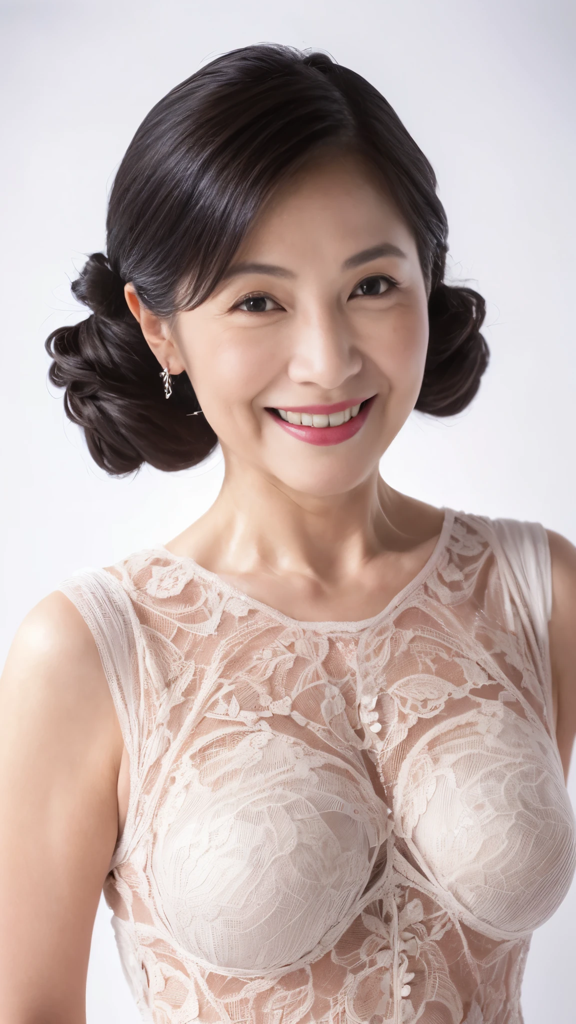 Mid-range close-up, Late Elderly, Perfect composition, ((Fractal Art)), (((masterpiece))), 8k, Clear images, (((alone))), (((Asian Beauty))), Pure white background, Gray Hair, Hands behind back, Refreshing early summer outfit, Alluring, ((Elderly)), Depict lips accurately,Red lips, Flashy makeup, (((alone))), (((Perfect Anatomy))), Depicting ears correctly, Pure white background, gravure, Upright posture, smile, ((Beautiful mature woman)), highest quality, Very detailed, Realistic, Very detailed細なスキン, (Madame), (The corners of the mouth are turned up), 100 years old, Huge breasts, Mature Politician, Glamour, sexy, Pure white skin, Comfortable clothing,