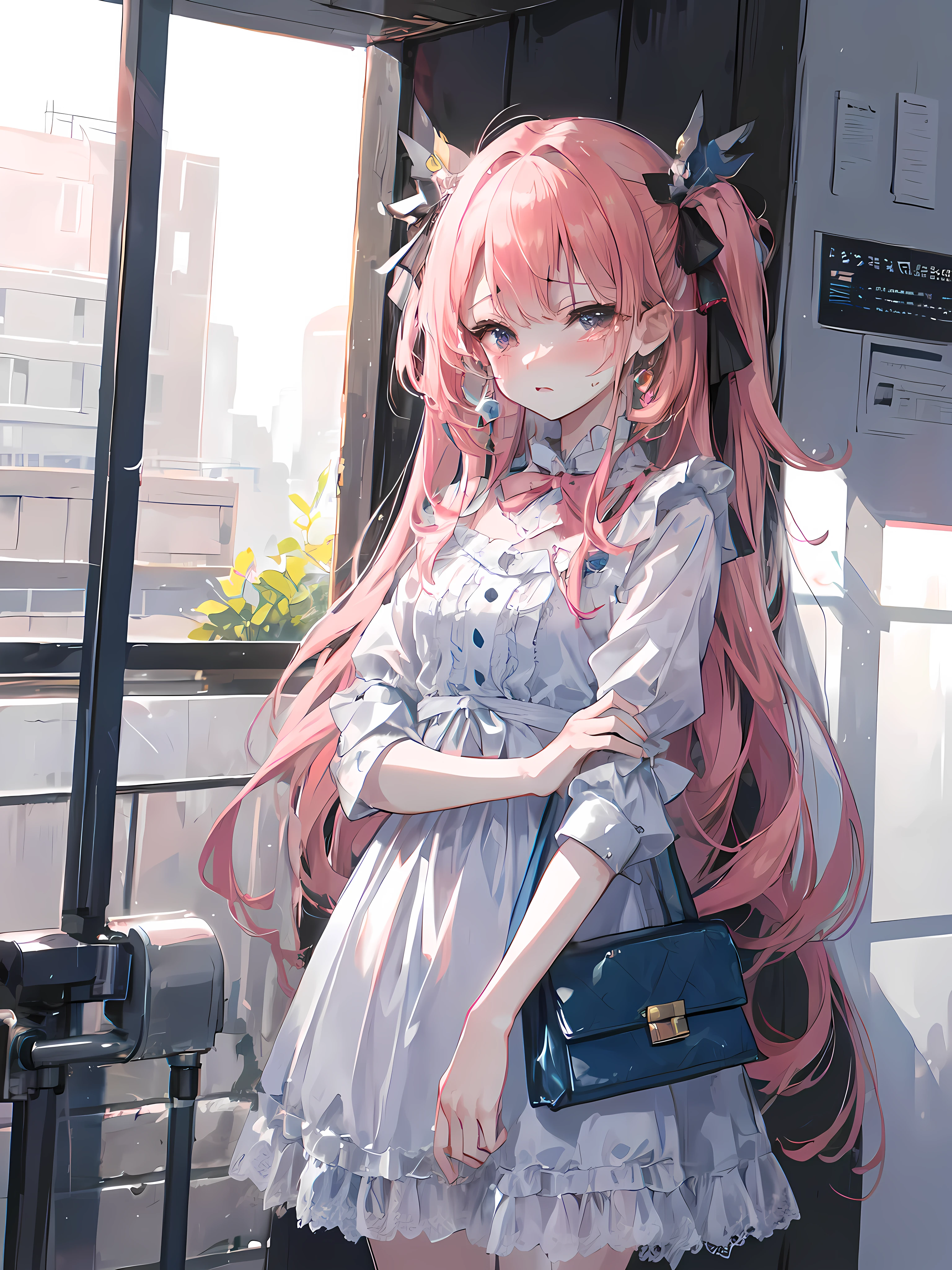 ((absurderes)), ((masutepiece)), (Best quality), (Lens flare), (Ultra-detailed), (Beautiful), ((Cute girl)), Solo, Beautiful face, White skin, masutepiece, (10 years old: 1.3), Cute pink hair, (Girl in cute dress、A girl goes to the toilet、 standing, is crying, closing her eyes, Tears from the eyes, embarrassed from, Blushing), A street(The girl is peeing: 1.2),